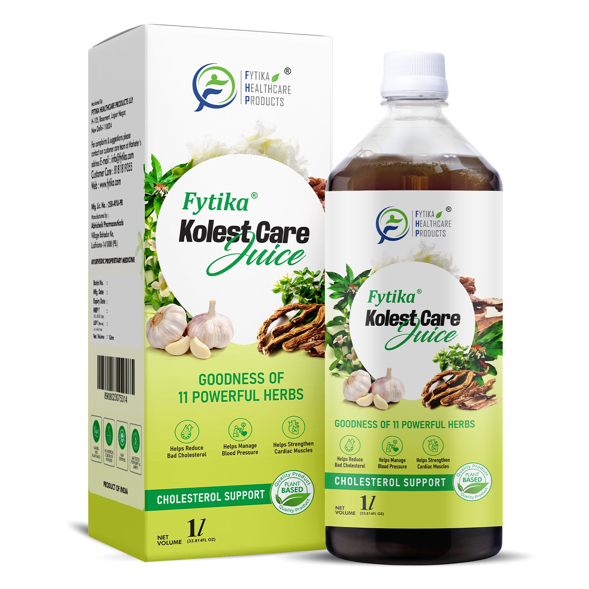 Fytika Kolest Care Juice - Cholesterol Support Juice | Arjun Chhal,Vach, Jatamansi, Shankpushpi, Pudina, Mulethi, Dhaniya, Lahsun | For Men & Women - 1L - Fytika Healthcare Products