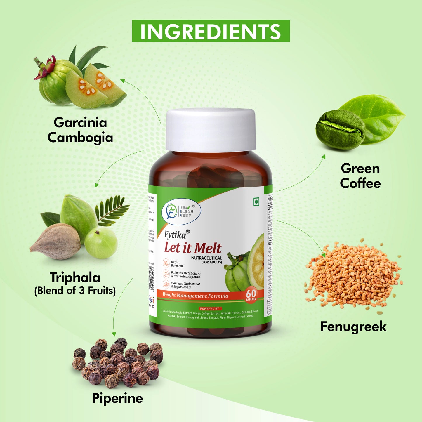 Fytika Let it Melt - Natural Weight Management Supplement, Triphala, Green Coffee, Kali Jeeri, Garcinia Cambogia, Boosts Metabolism, Digestion, For Men, Women - 60 Tablets