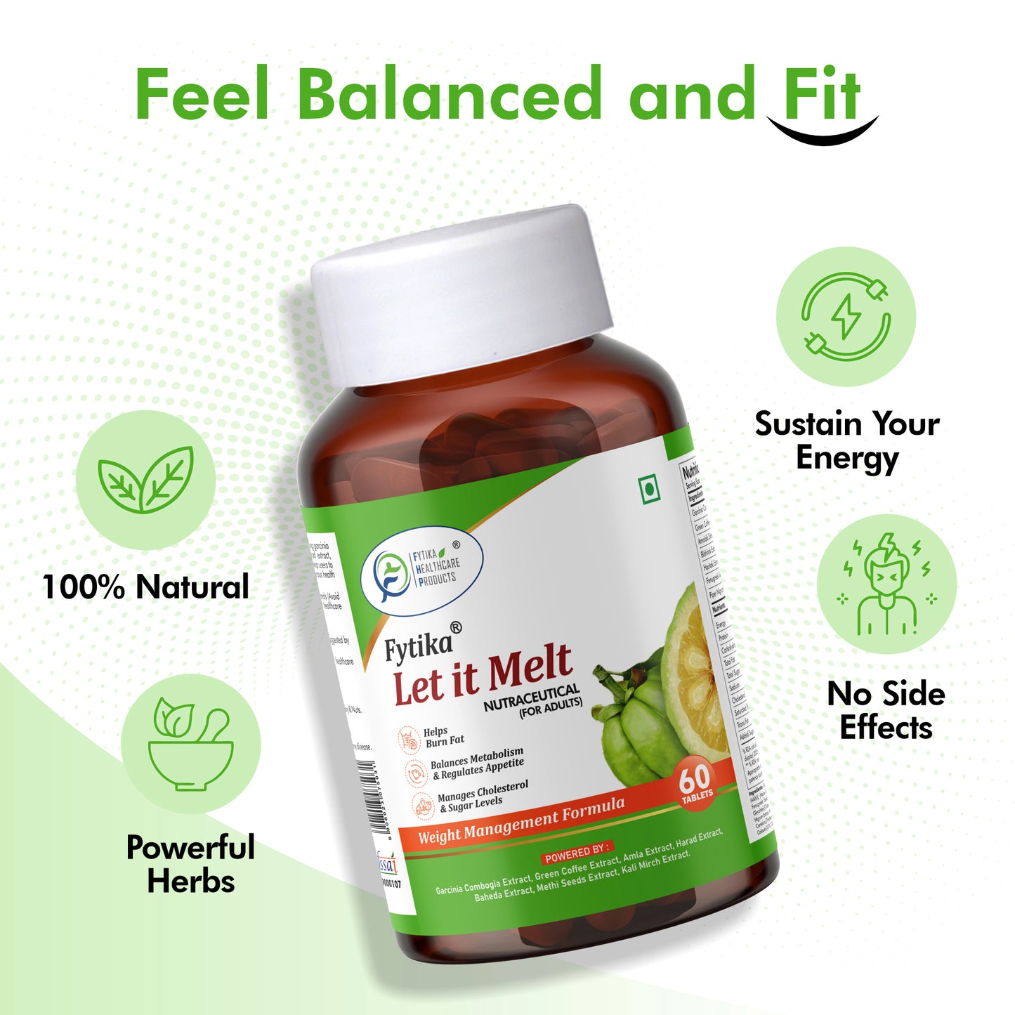 Fytika Let it Melt - Natural Weight Management Supplement, Triphala, Green Coffee, Kali Jeeri, Garcinia Cambogia, Boosts Metabolism, Digestion, For Men, Women - 60 Tablets