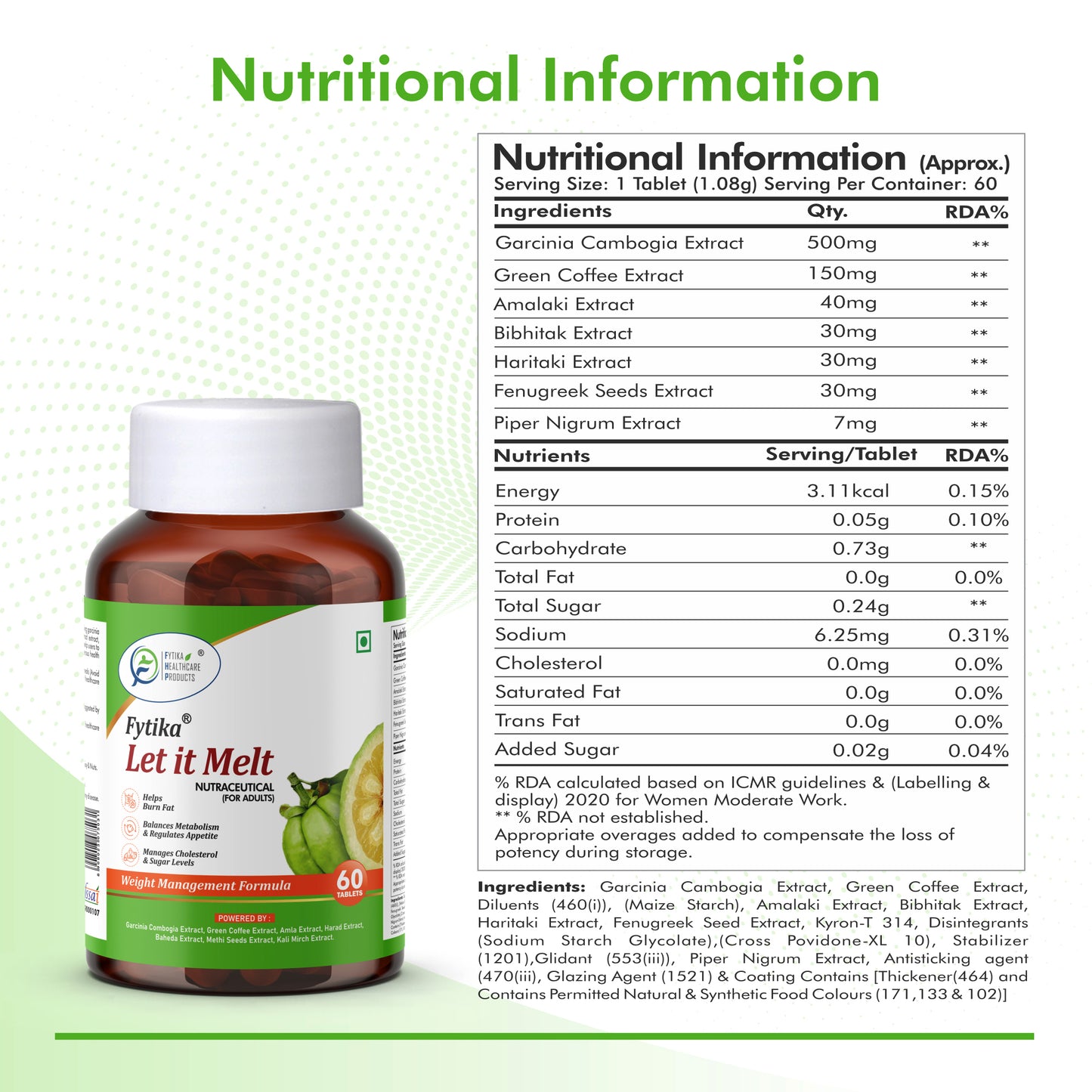 Fytika Let it Melt - Natural Weight Management Supplement, Triphala, Green Coffee, Kali Jeeri, Garcinia Cambogia, Boosts Metabolism, Digestion, For Men, Women - 60 Tablets