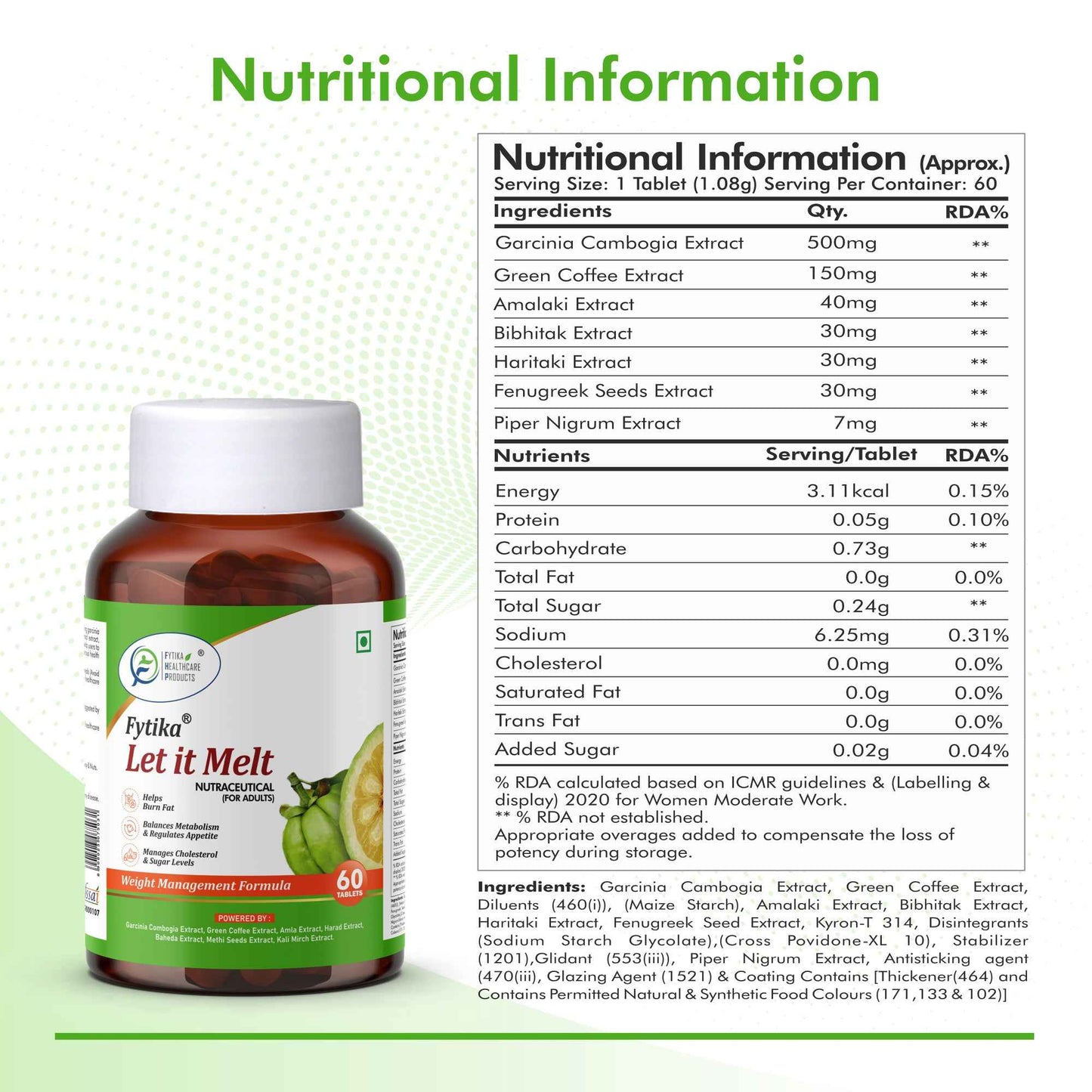 Fytika Let it Melt - Natural Weight Management Supplement, Triphala, Green Coffee, Kali Jeeri, Garcinia Cambogia, Boosts Metabolism, Digestion, For Men, Women - 60 Tablets