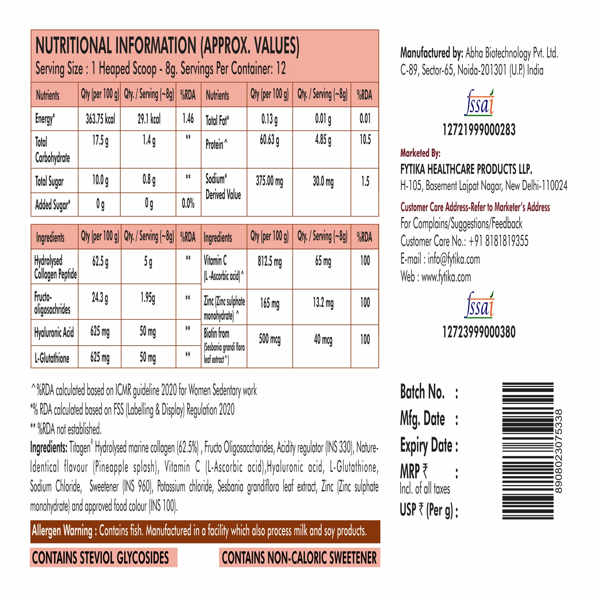 Fytika Let it Glow Collagen Powder - Boosts Skin Radiance, Hair Health, Nail Strength, For Men, Women - Pineapple Flavor - 100 G - Fytika Healthcare Products