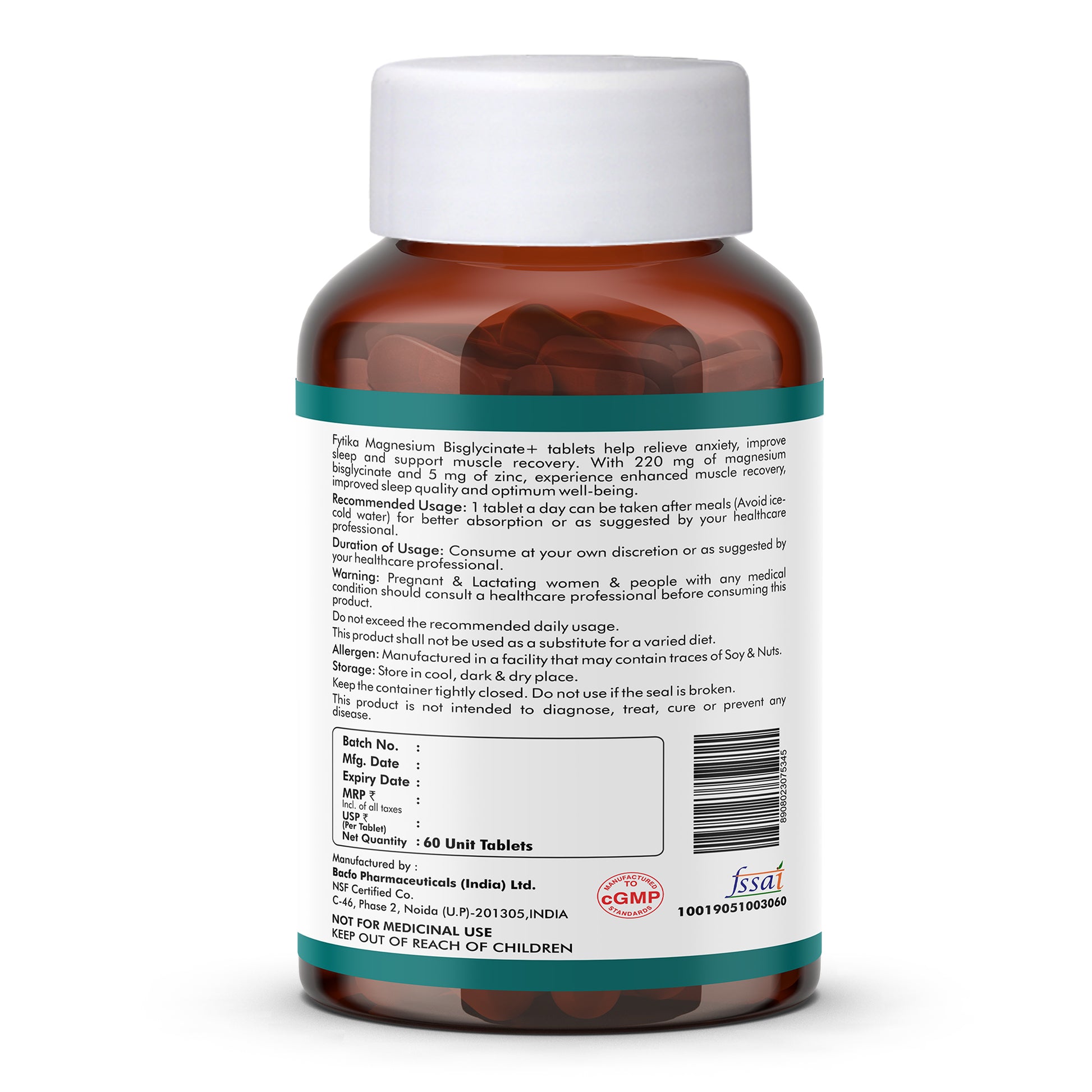 Fytika Magnesium Bisglycinate + | High Absorption Chelated Form | For Better Sleep, Stress Management, Muscle Recovery & Enhanced Workout Performance | With Magnesium (as Bisglycinate) & Zinc | For Men & Women | 60 Tablets - Fytika Healthcare Products