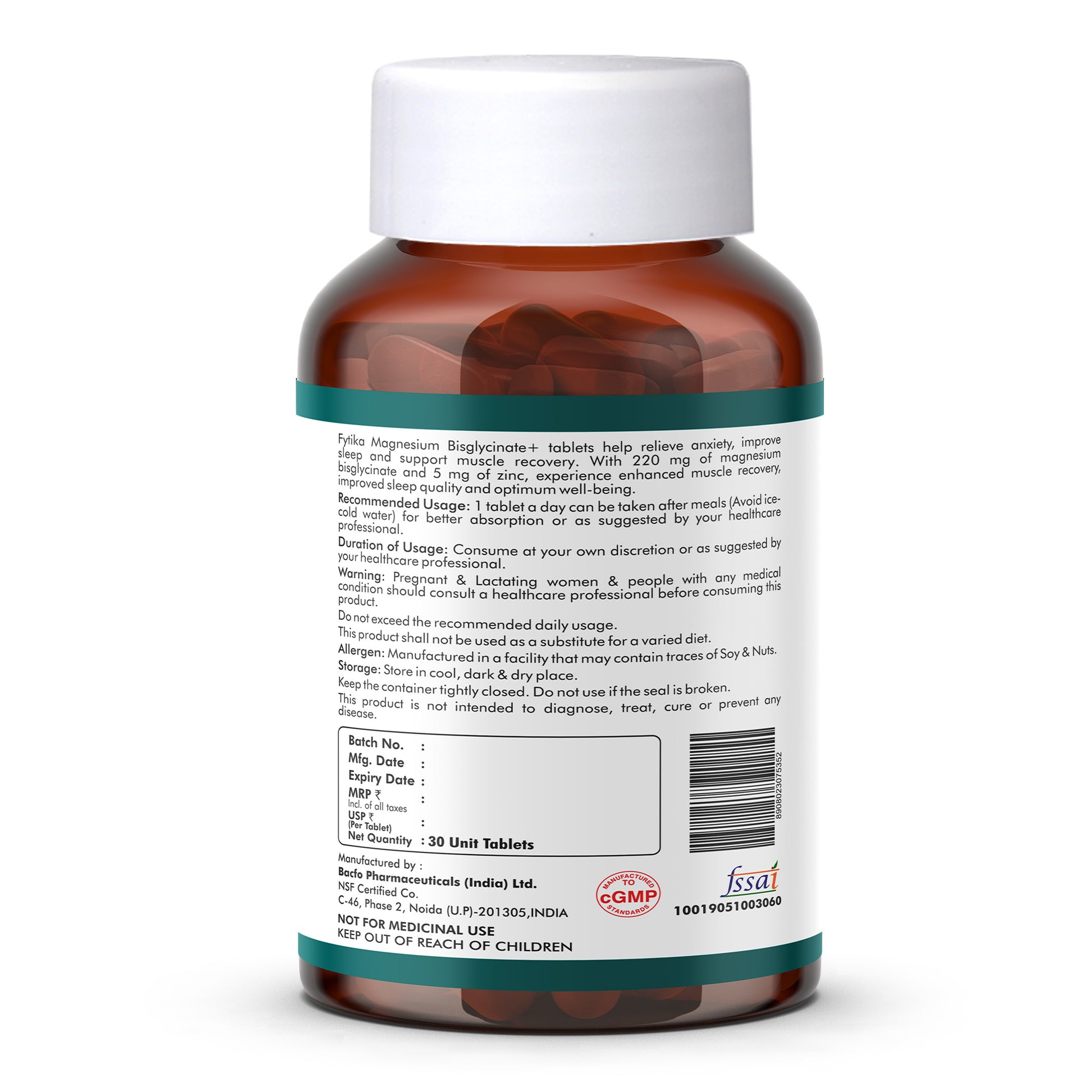 Fytika Magnesium Bisglycinate + | High Absorption Chelated Form | For Better Sleep, Stress Management, Muscle Recovery & Enhanced Workout Performance | With Magnesium (as Bisglycinate) & Zinc | For Men & Women | 30 Tablets - Fytika Healthcare Products