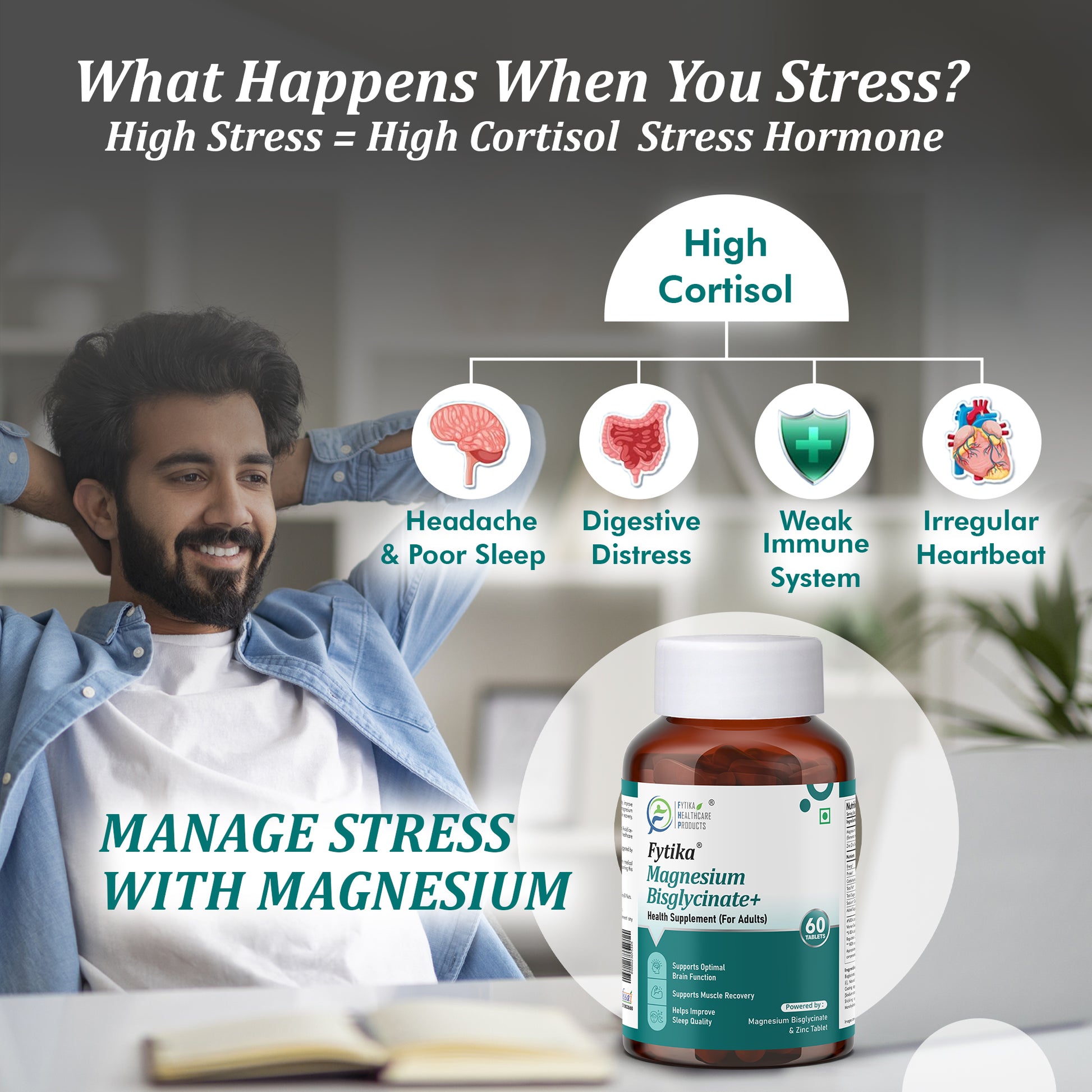 Fytika Magnesium Bisglycinate + | High Absorption Chelated Form | For Better Sleep, Stress Management, Muscle Recovery & Enhanced Workout Performance | With Magnesium (as Bisglycinate) & Zinc | For Men & Women | 60 Tablets - Fytika Healthcare Products