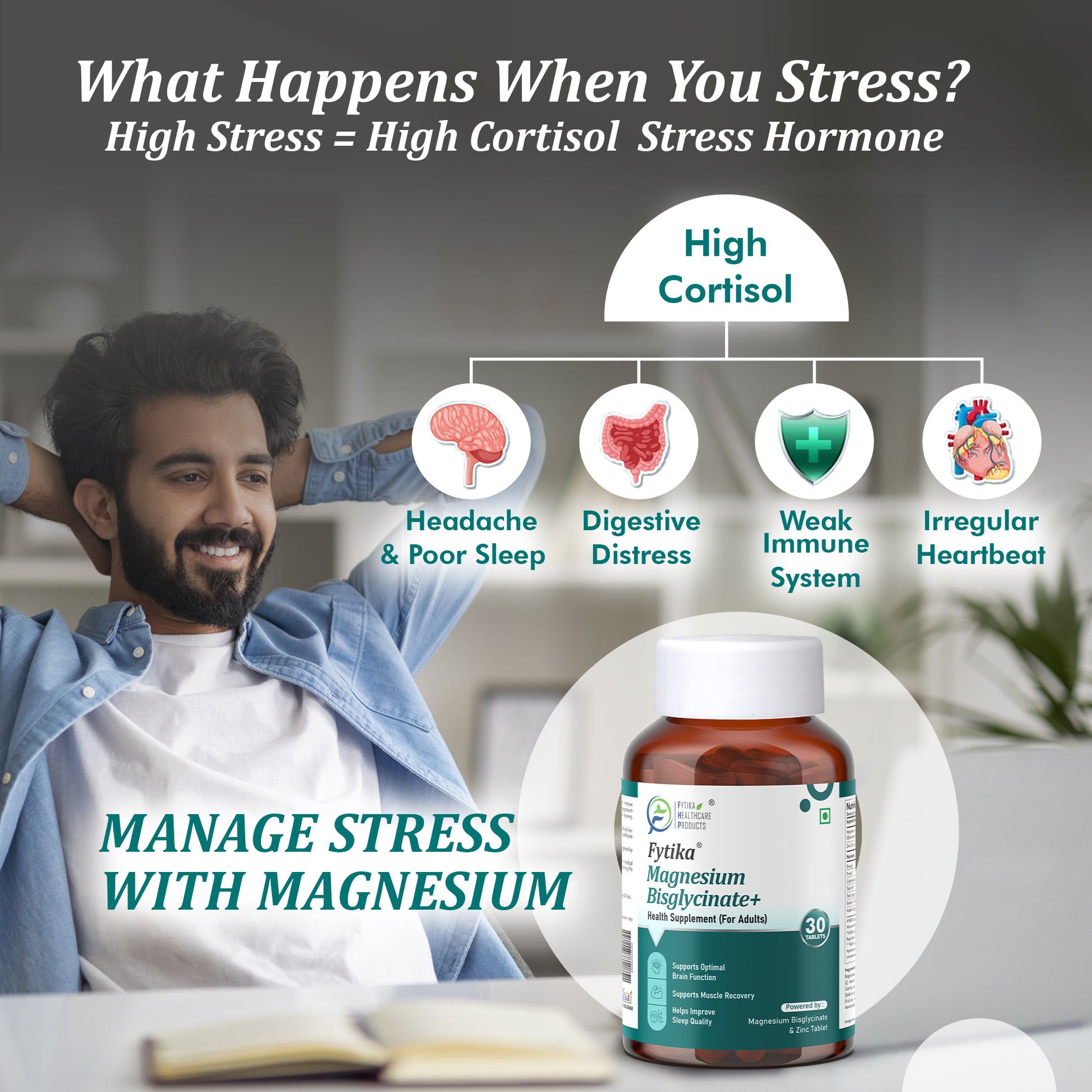 Fytika Magnesium Bisglycinate + | High Absorption Chelated Form | For Better Sleep, Stress Management, Muscle Recovery & Enhanced Workout Performance | With Magnesium (as Bisglycinate) & Zinc | For Men & Women | 30 Tablets - Fytika Healthcare Products