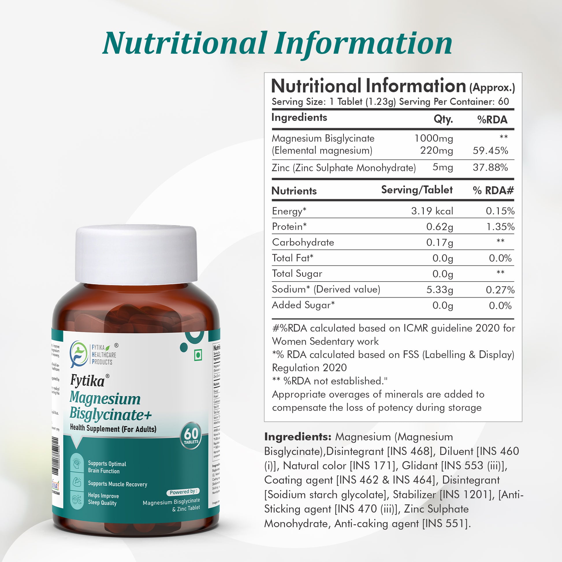 Fytika Magnesium Bisglycinate + | High Absorption Chelated Form | For Better Sleep, Stress Management, Muscle Recovery & Enhanced Workout Performance | With Magnesium (as Bisglycinate) & Zinc | For Men & Women | 60 Tablets - Fytika Healthcare Products