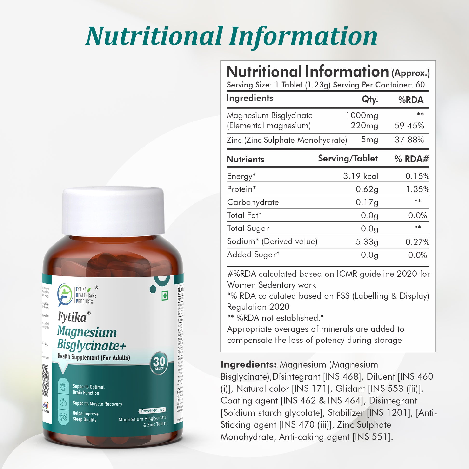 Fytika Magnesium Bisglycinate + | High Absorption Chelated Form | For Better Sleep, Stress Management, Muscle Recovery & Enhanced Workout Performance | With Magnesium (as Bisglycinate) & Zinc | For Men & Women | 30 Tablets - Fytika Healthcare Products