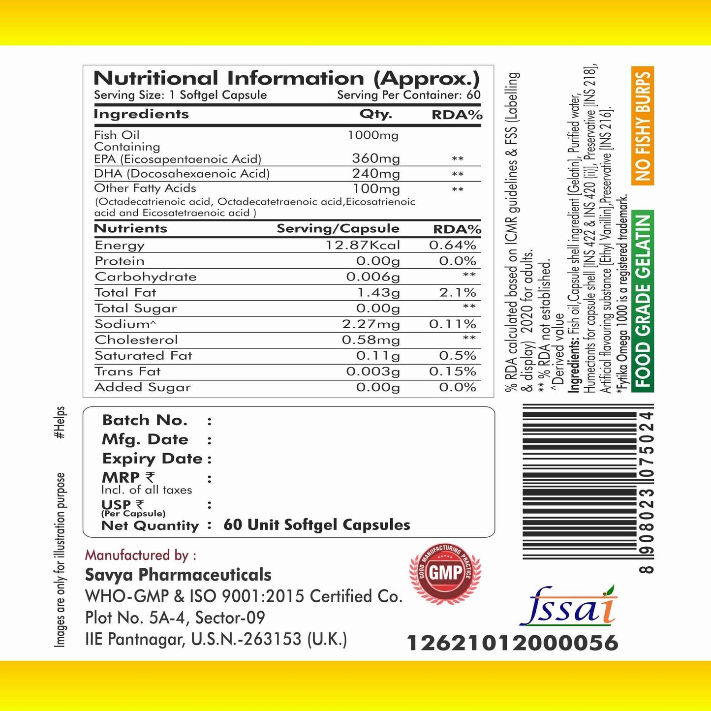 Fytika Omega 1000 | Heart, Brain, Joint, Muscle Support, EPA 360 MG + DHA 240 MG, Omega Fatty Acids 400 MG, For Men, Women - 60 Capsules