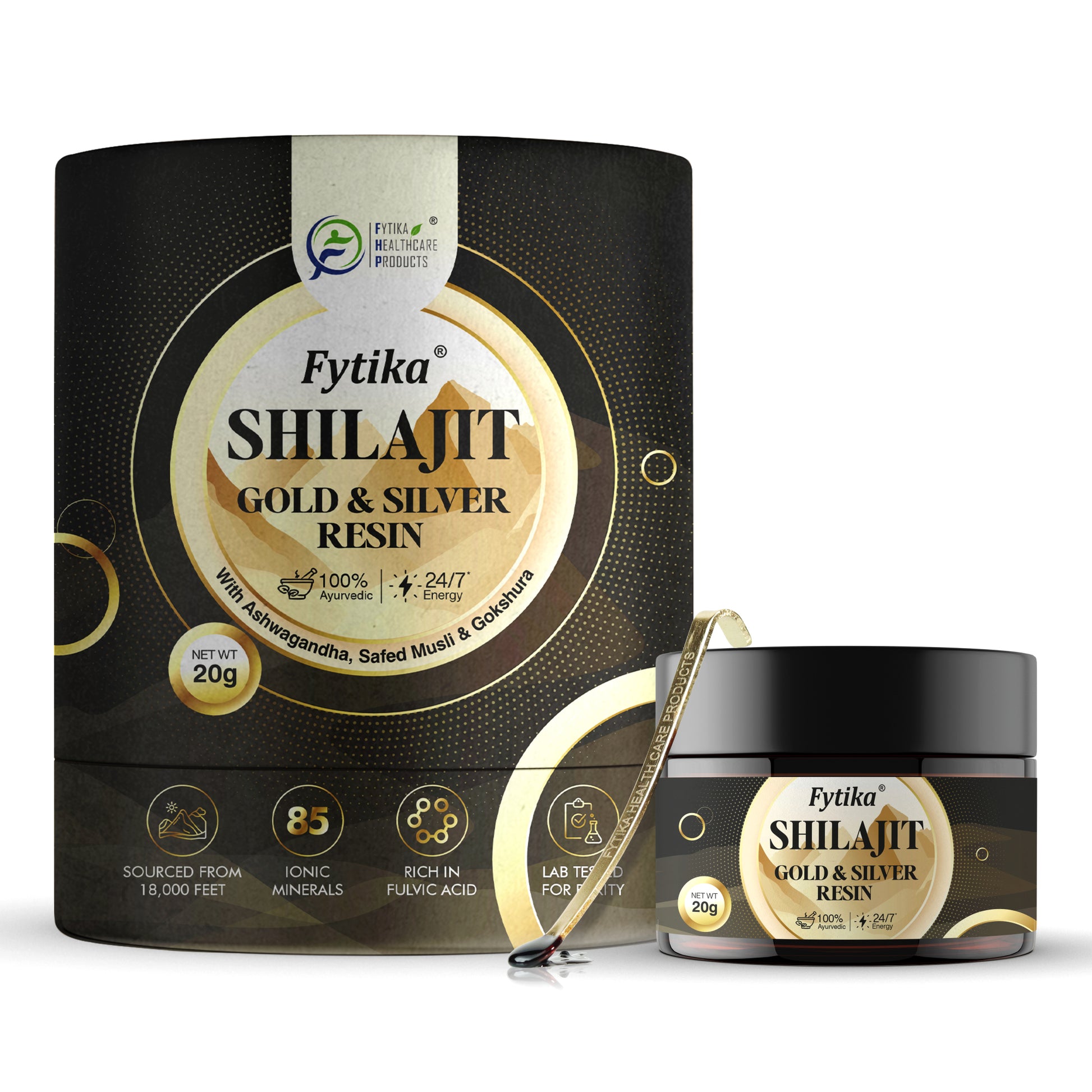 Fytika Shilajit Gold & Silver Resin -100% Ayurvedic Himalayan Shilajit | Swarn Bhasam, Rajat Bhasam, Ashwagandha, Safed Muesli, Gokshura, Kaunch | For Men & Women - 20G - Fytika Healthcare Products