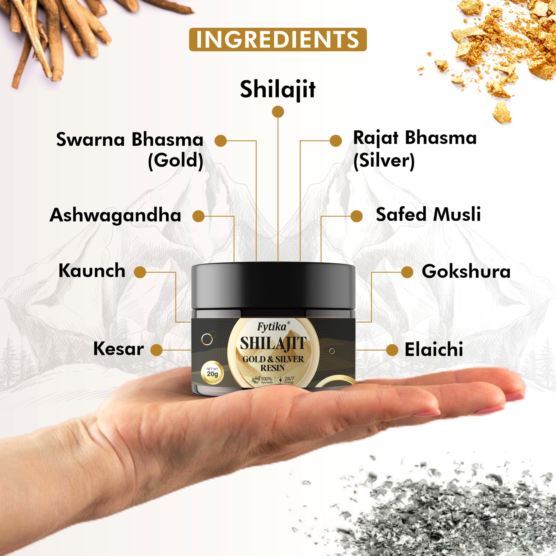 Fytika Shilajit Gold & Silver Resin -100% Ayurvedic Himalayan Shilajit | Swarn Bhasam, Rajat Bhasam, Ashwagandha, Safed Muesli, Gokshura, Kaunch | For Men & Women - 20G - Fytika Healthcare Products