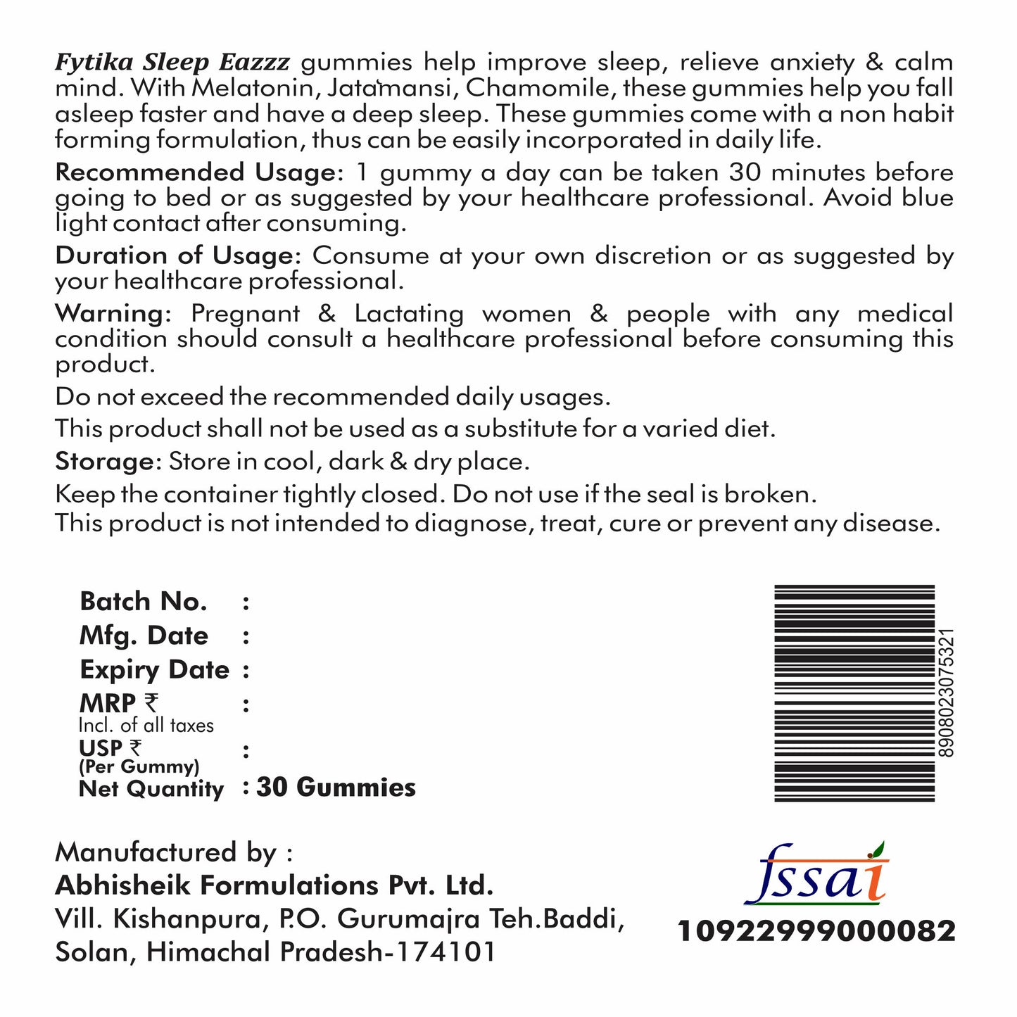 Fytika Sleep Eazzz - Sleep Gummies | Melatonin 5mg, Jatamansi, Chamomile, Valeriana, Zinc & Magnesium | No Added Sugar| For Men & Women | Strawberry Flavour - 30 Gummies