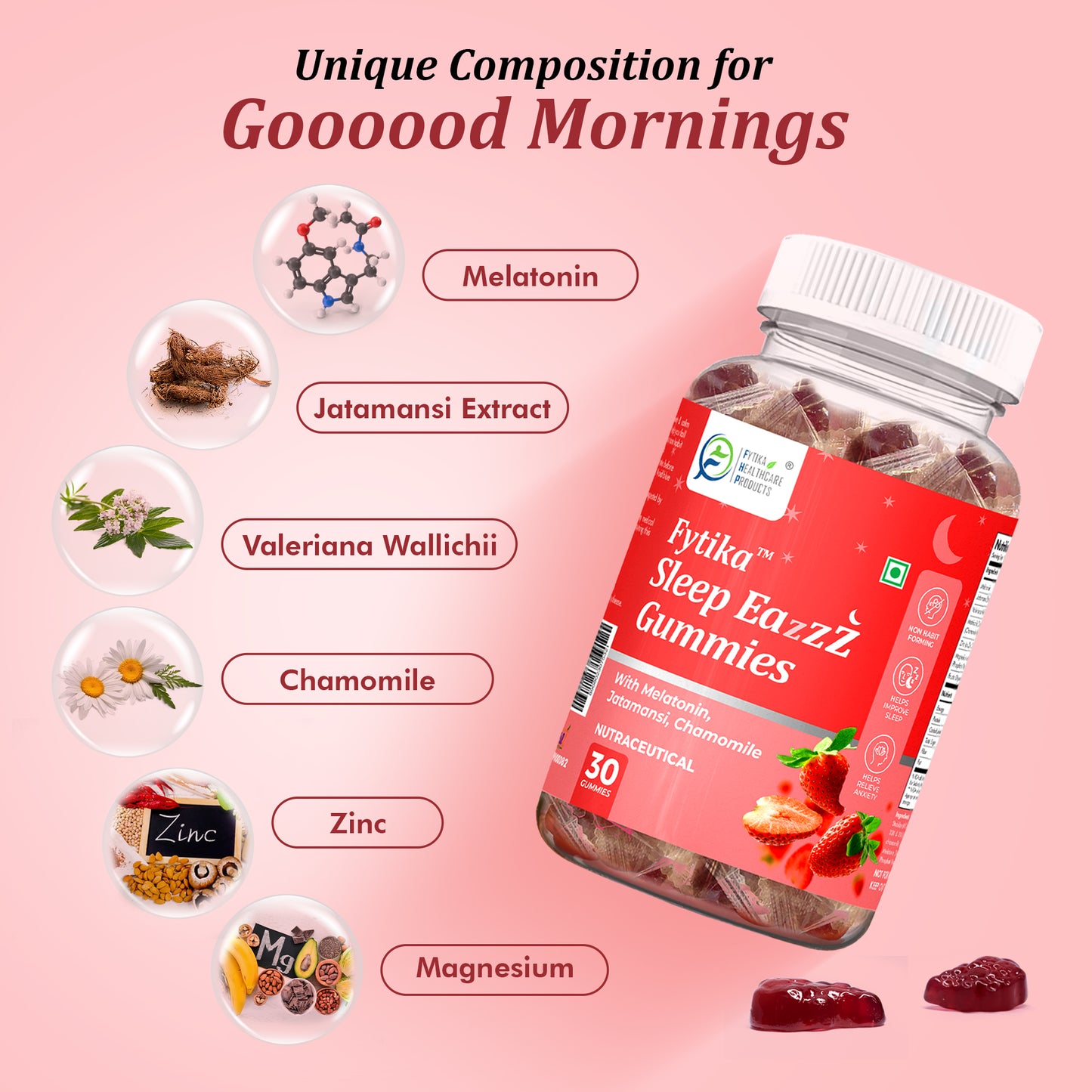 Fytika Sleep Eazzz - Sleep Gummies | Melatonin 5mg, Jatamansi, Chamomile, Valeriana, Zinc & Magnesium | No Added Sugar| For Men & Women | Strawberry Flavour - 30 Gummies - Fytika Healthcare Products
