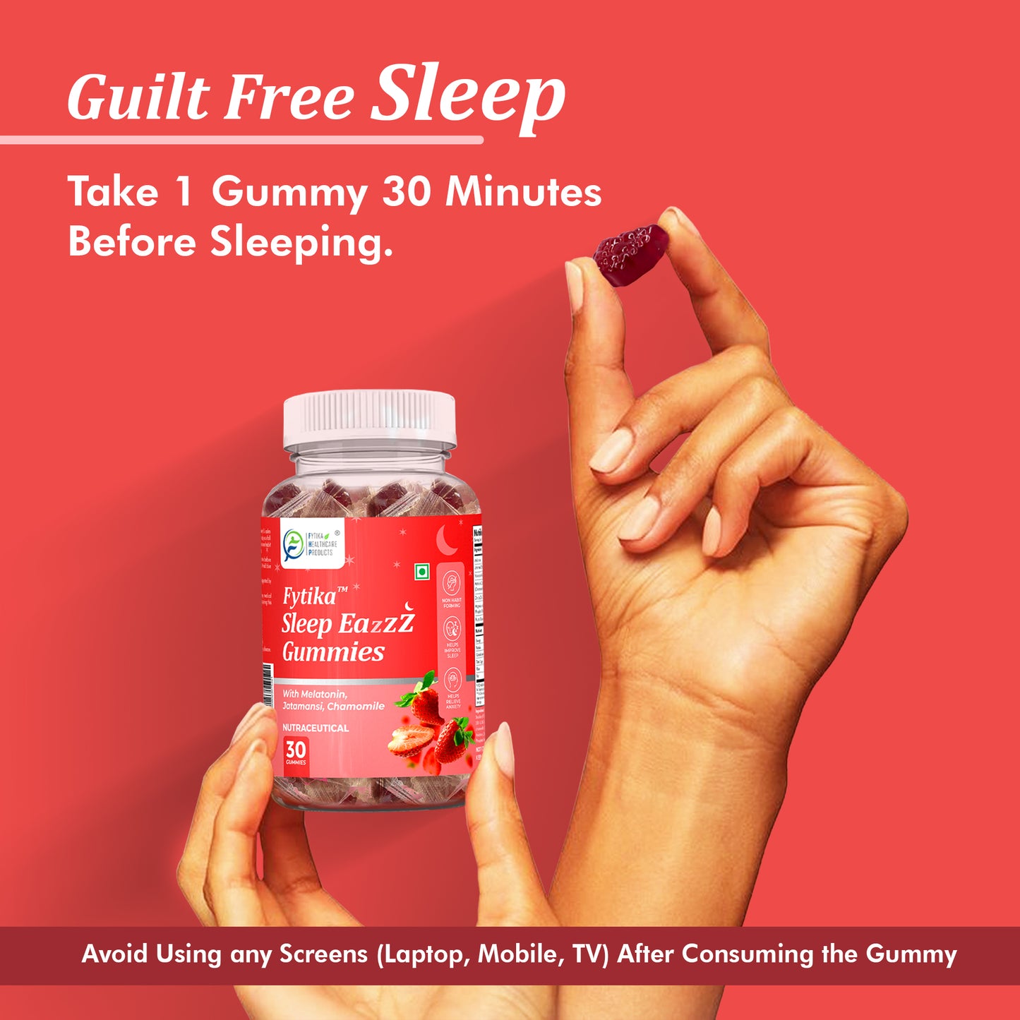Fytika Sleep Eazzz - Sleep Gummies | Melatonin 5mg, Jatamansi, Chamomile, Valeriana, Zinc & Magnesium | No Added Sugar| For Men & Women | Strawberry Flavour - 30 Gummies - Fytika Healthcare Products