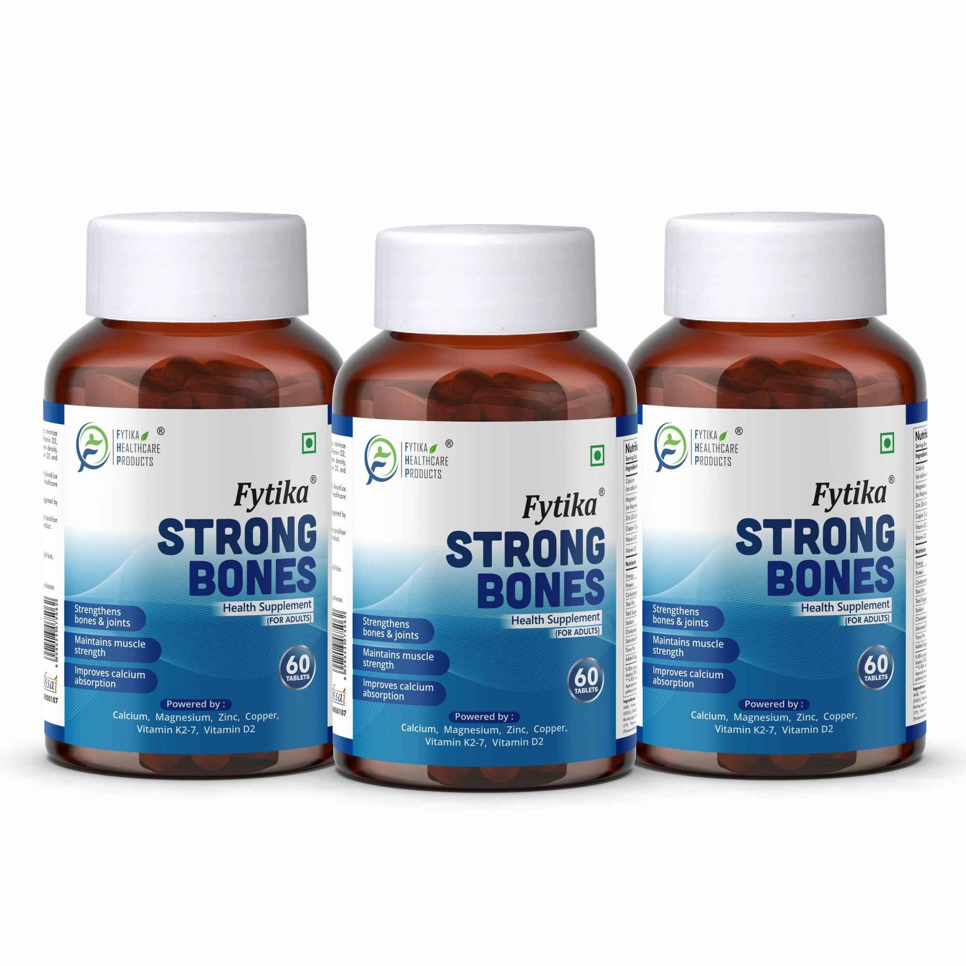 Fytika Strong Bones - Bone Health Supplement, Supports Bone Health, 1000 MG Calcium, Vitamin D2, Magnesium, Zinc, For Men, Women - Pack of 3 ( 180 Tabs )