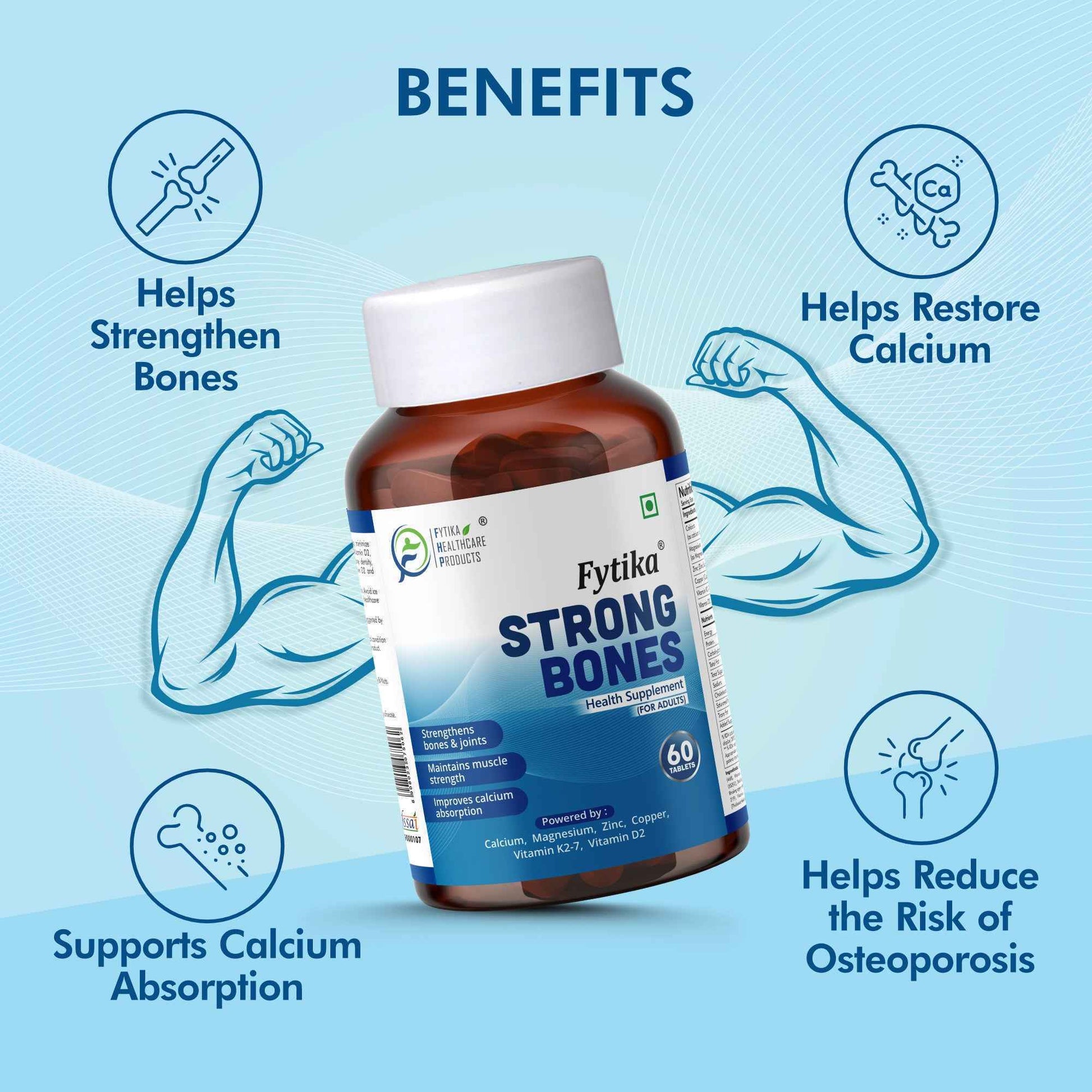 Fytika Strong Bones - Bone Health Supplement, Supports Bone Health, 1000 MG Calcium, Vitamin D2, Magnesium, Zinc, For Men, Women- Pack of 2 ( 120 Tabs )