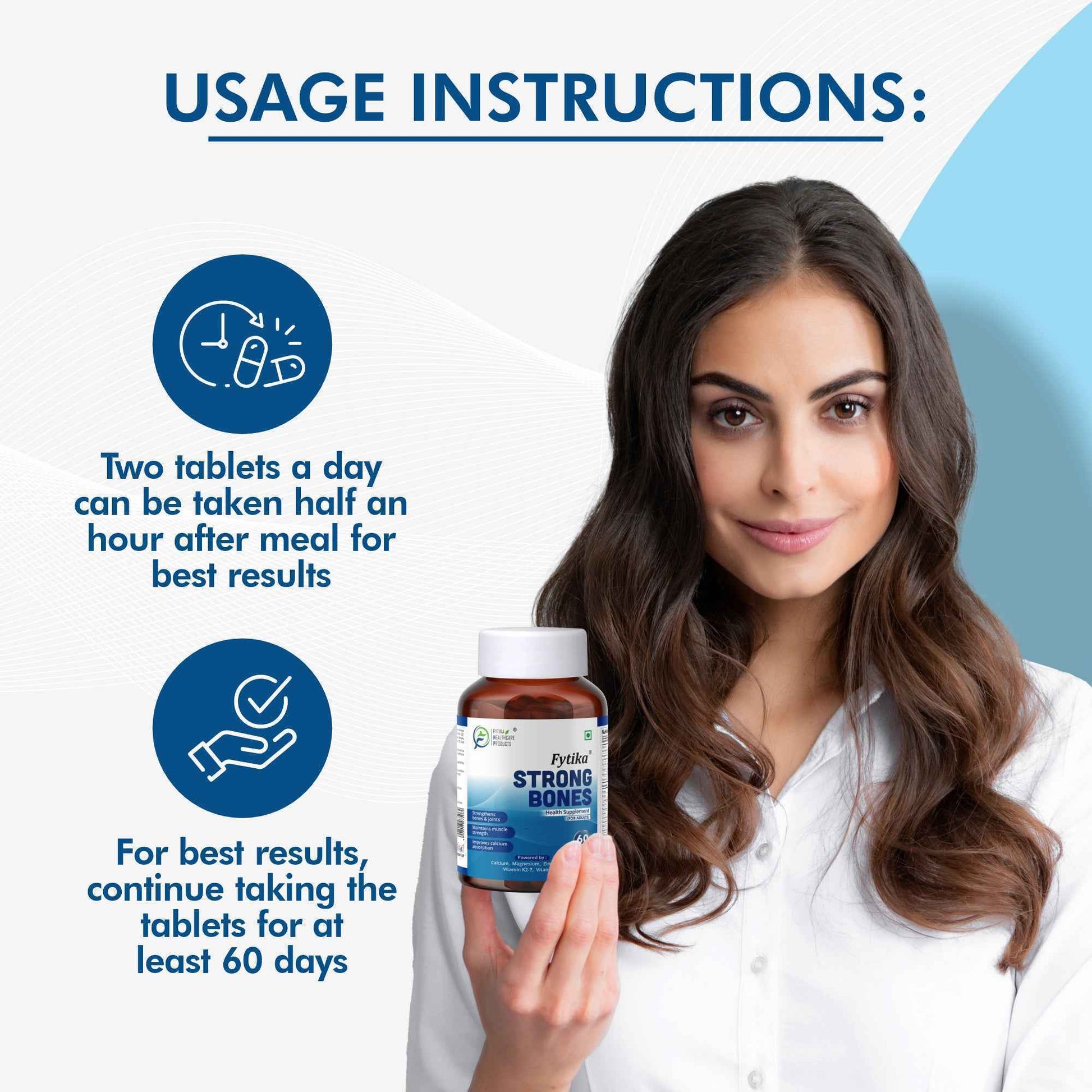 Fytika Strong Bones - Bone Health Supplement, Supports Bone Health, 1000 MG Calcium, Vitamin D2, Magnesium, Zinc, For Men, Women- Pack of 2 ( 120 Tabs )