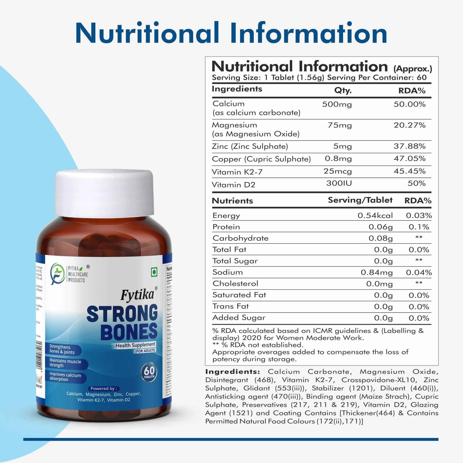 Fytika Strong Bones - Bone Health Supplement, Supports Bone Health, 1000 MG Calcium, Vitamin D2, Magnesium, Zinc, For Men, Women - Pack of 3 ( 180 Tabs )