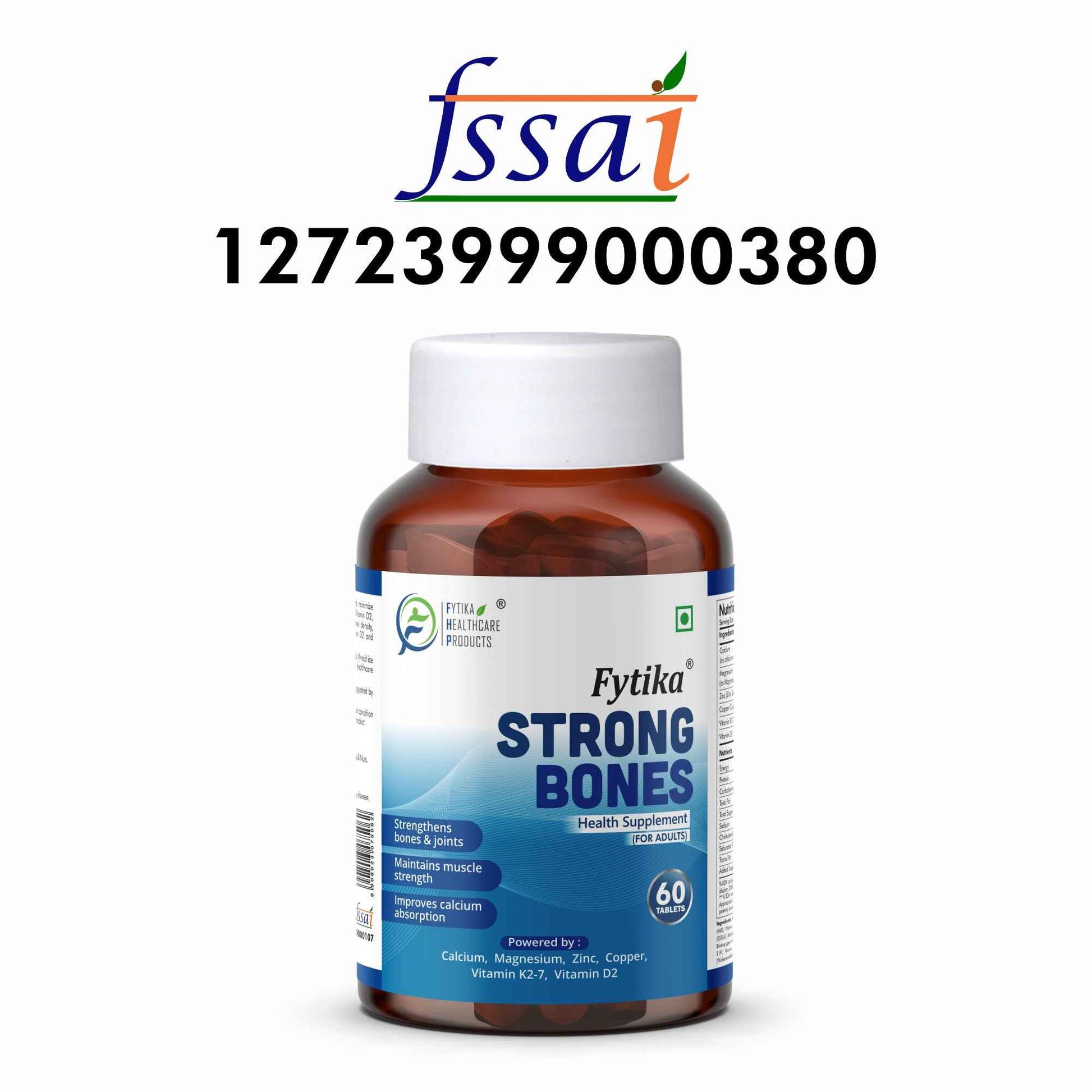 Fytika Strong Bones - Bone Health Supplement, Supports Bone Health, 1000 MG Calcium, Vitamin D2, Magnesium, Zinc, For Men, Women - 60 tablets