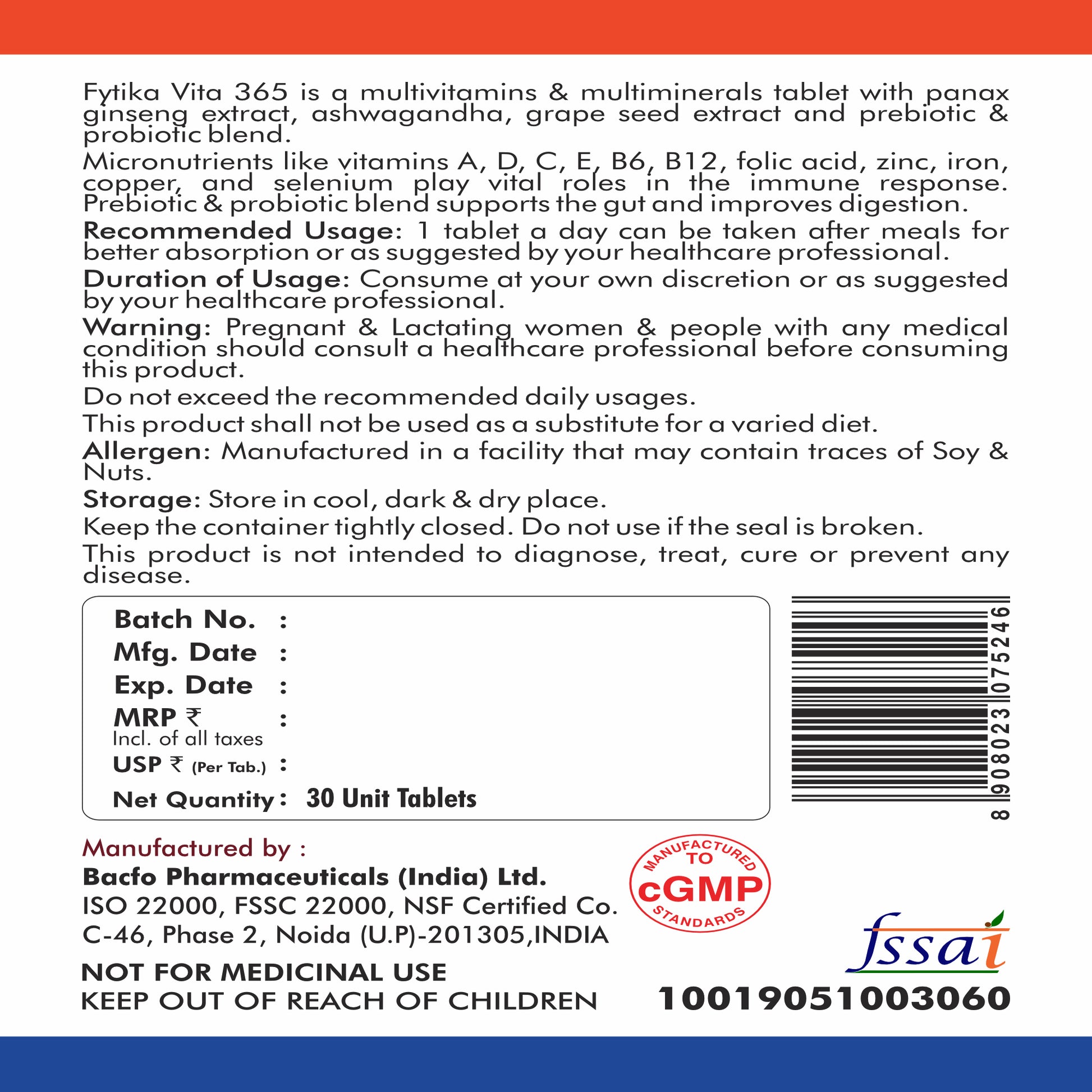 Fytika Vita 365, 3 in 1 Multivitamin - Boosts Energy, Gut Health, Manages Stress, Ashwagandha, Probiotics, Ginseng, For Men, Women - 30 Tablets - Fytika Healthcare Products