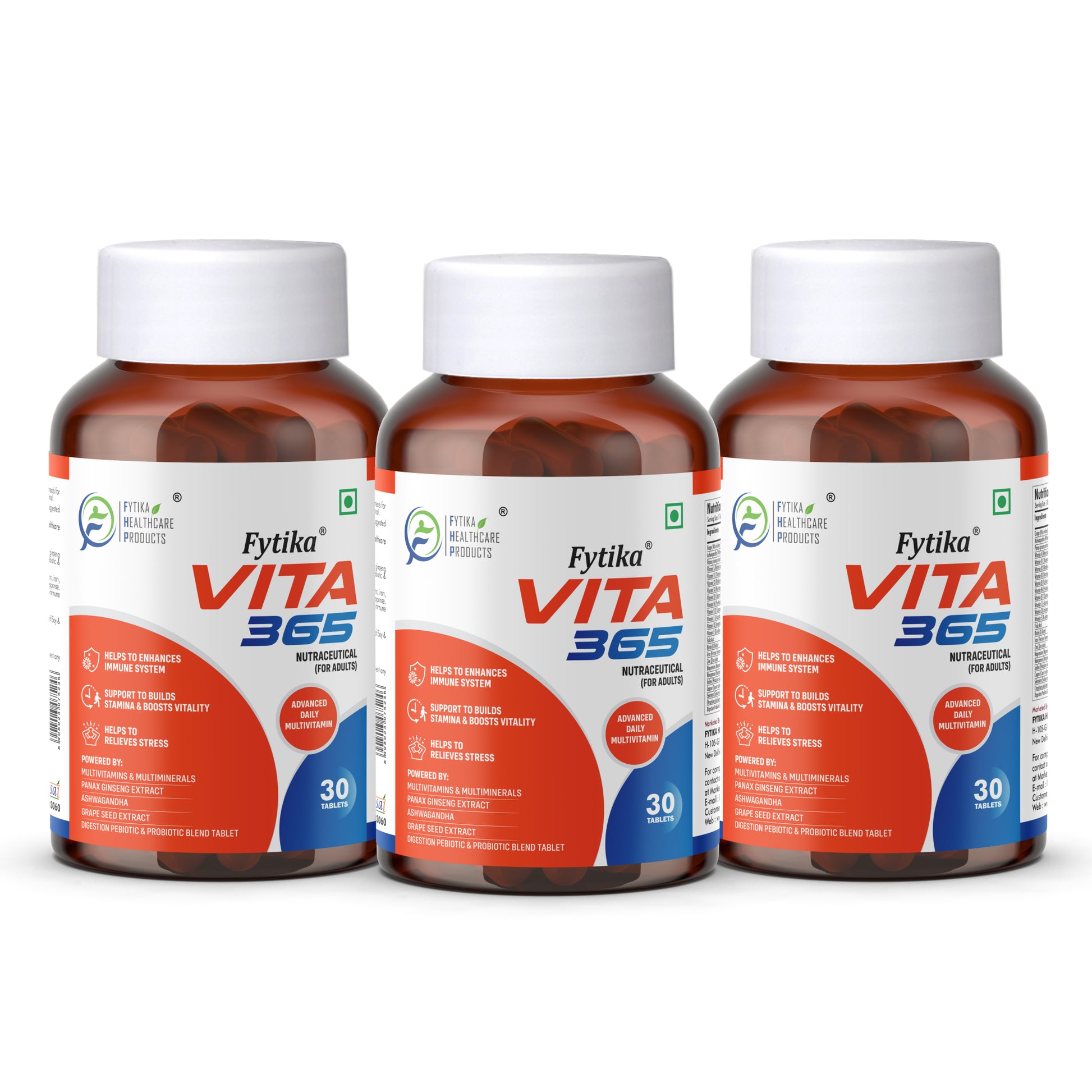 Fytika Vita 365, 3 in 1 Multivitamin - Boosts Energy, Gut Health, Manages Stress, Ashwagandha, Probiotics, Ginseng, For Men, Women - 30 Tablets - Fytika Healthcare Products