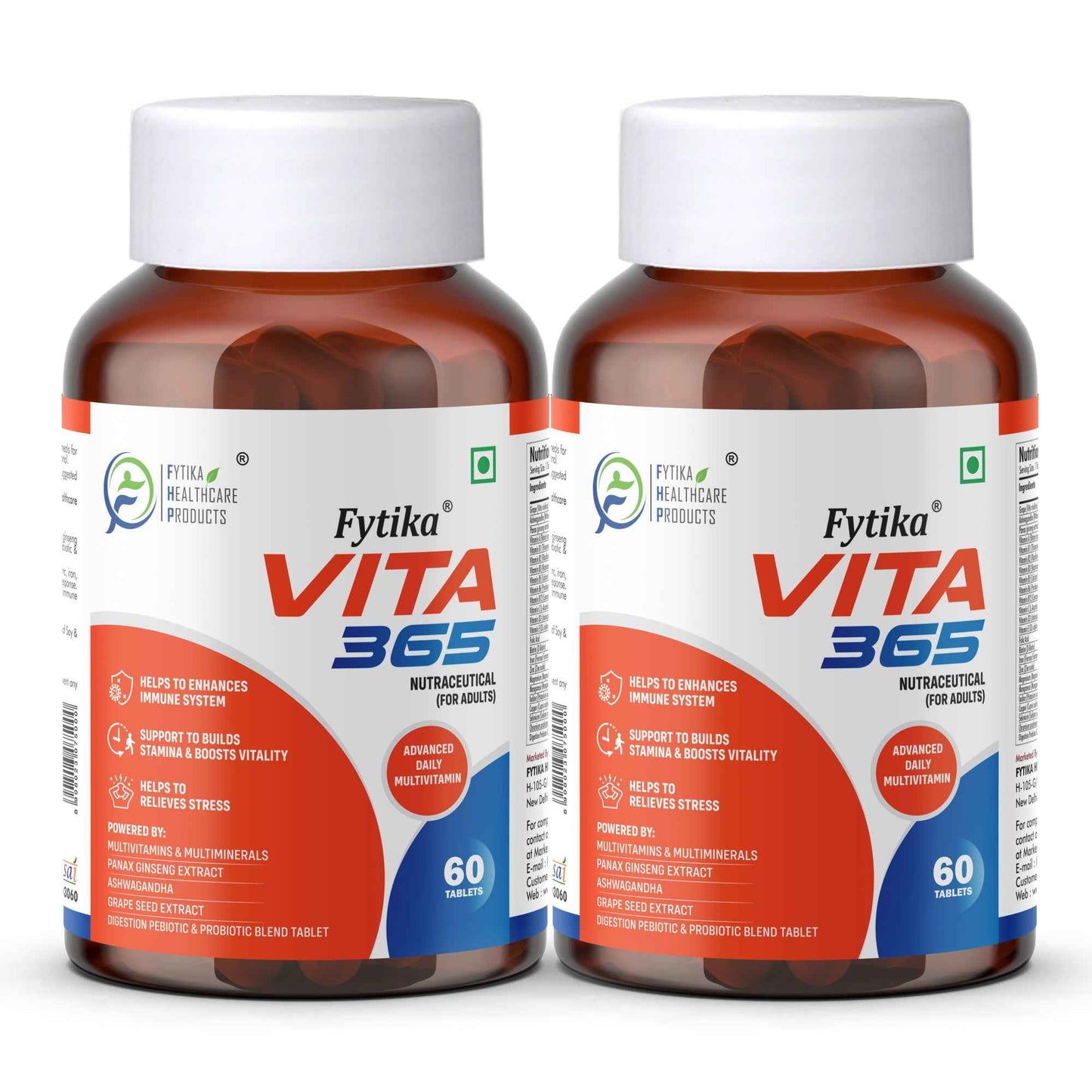 Fytika Vita 365, 3 in 1 Multivitamin - Boosts Energy, Gut Health, Manages Stress, Ashwagandha, Probiotics, Ginseng, For Men, Women - 60 Tablets