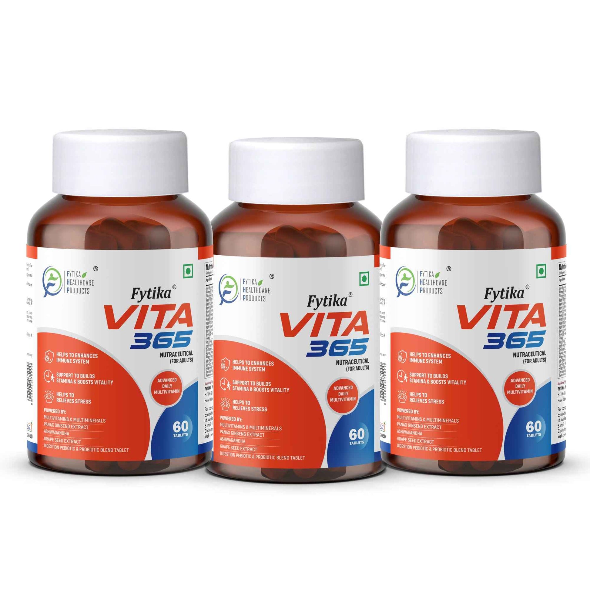 Fytika Vita 365, 3 in 1 Multivitamin - Boosts Energy, Gut Health, Manages Stress,  Ashwagandha, Probiotics, Ginseng, For Men, Women - 60 Tablets