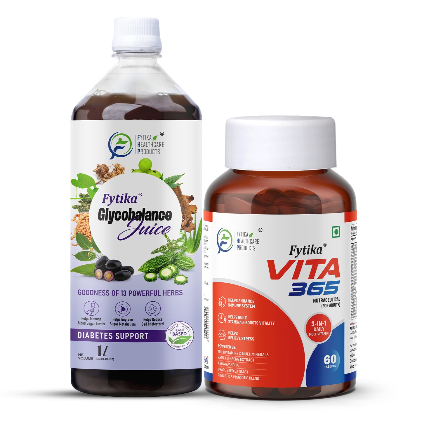 Fytika Glycobalance Juice with Vita 365 Tablets – Ayurvedic Combo for Blood Sugar Control, Immunity, Energy & Daily Vitality