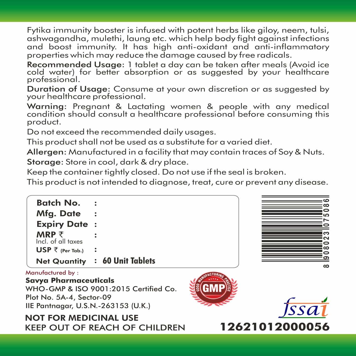 Fytika Immunity Booster Tablets for Adults - Support Immune System, Formulated with Giloy, Ashwagandha, Tulsi, Neem and More - 60 Tablets