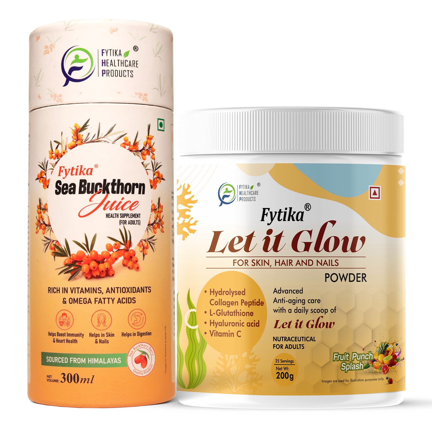 Fytika Sea Buckthorn Juice with Let it Glow Collagen Powder Fruit Punch Flavor – Beauty & Wellness Combo for Glowing Skin, Strong Hair, Nails, Immunity & Anti-Aging Care
