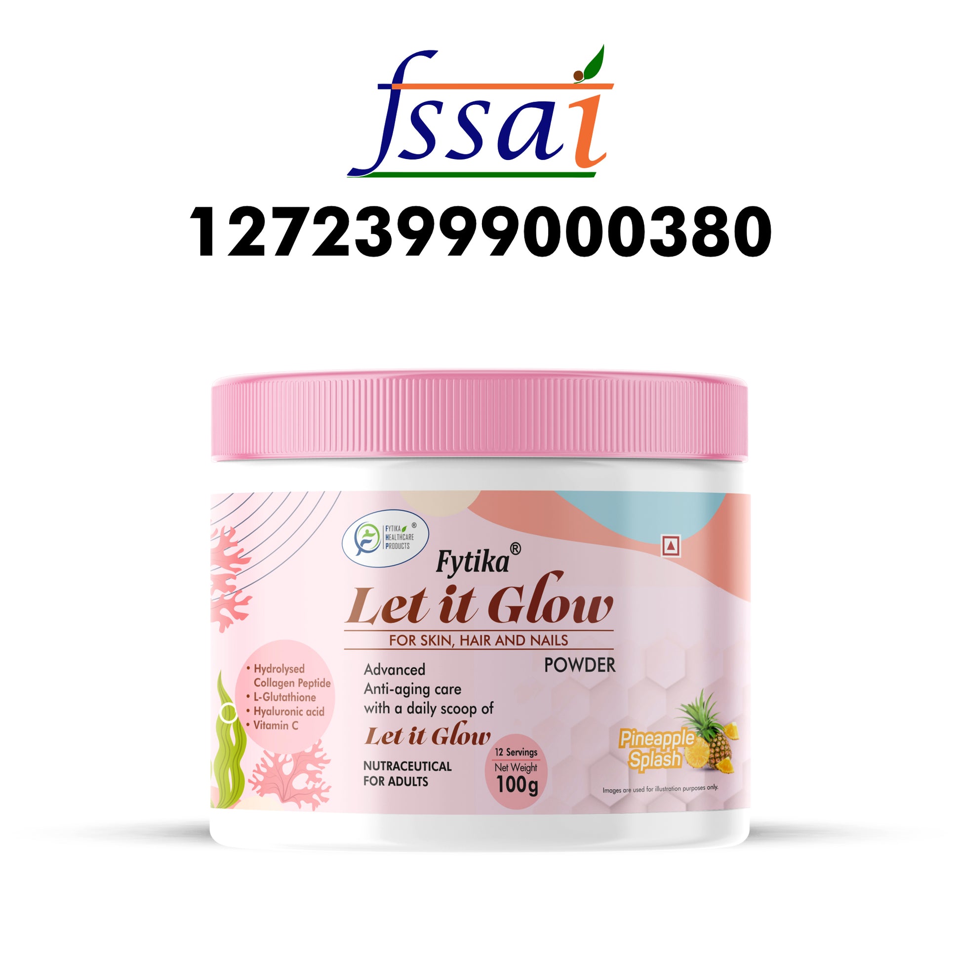 Fytika Let it Glow Collagen Powder - Boosts Skin Radiance, Hair Health, Nail Strength, For Men, Women - Pineapple Flavor - 100 G - Fytika Healthcare Products