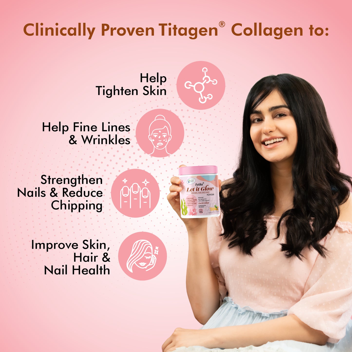 Fytika Let it Glow Collagen Powder - Boosts Skin Radiance, Hair Health, Nail Strength, For Men, Women - Pineapple Flavor - 200 G