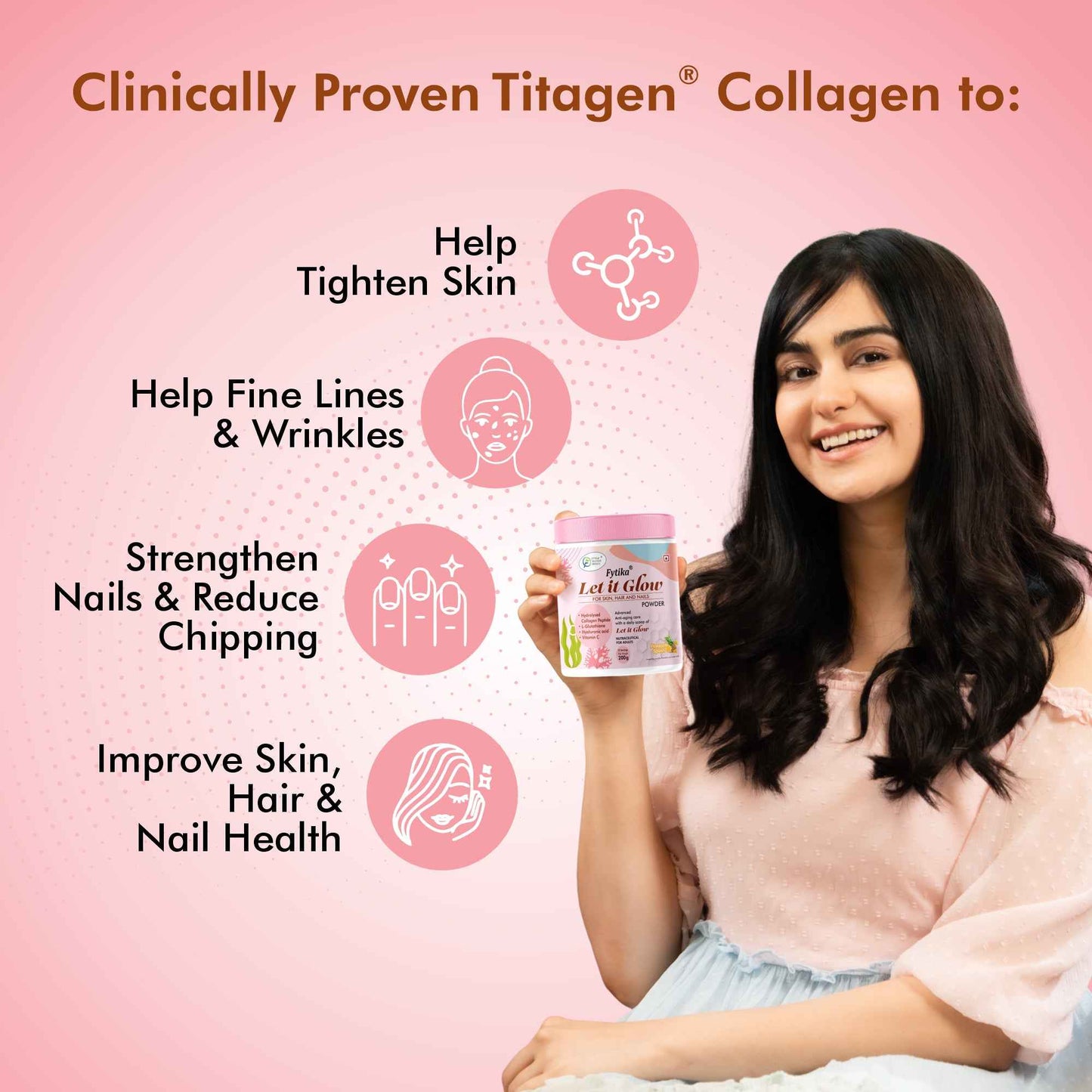 Fytika Let it Glow Collagen Powder - Boosts Skin Radiance, Hair Health, Nail Strength, For Men, Women - Pineapple Flavor - 200 G