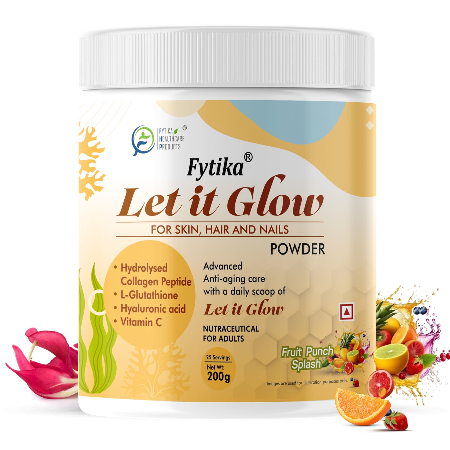 Fytika Let it Glow Collagen Powder - Boosts Skin Radiance, Hair Health, Nail Strength, For Men, Women - Fruit Punch Flavor - 200 G - Fytika Healthcare Products
