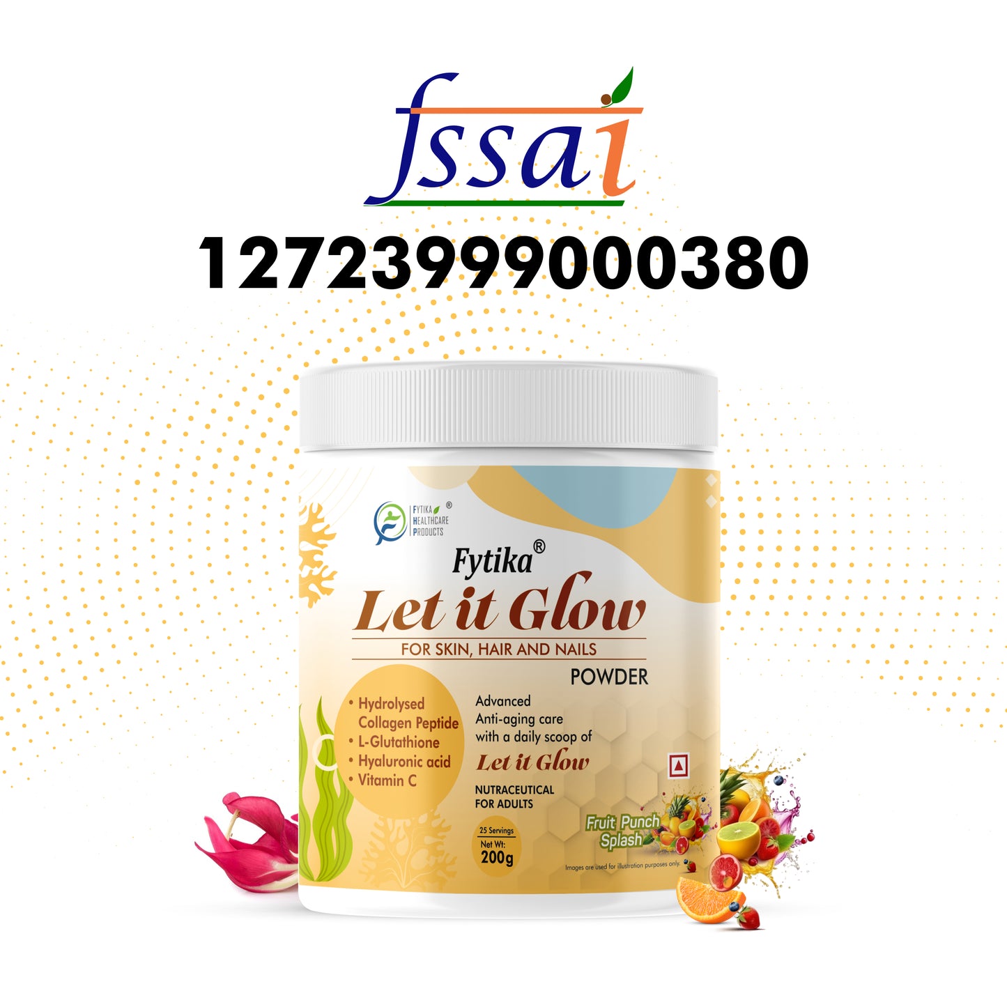 Fytika Let it Glow Collagen Powder - Boosts Skin Radiance, Hair Health, Nail Strength, For Men, Women - Fruit Punch Flavor - 200 G - Fytika Healthcare Products