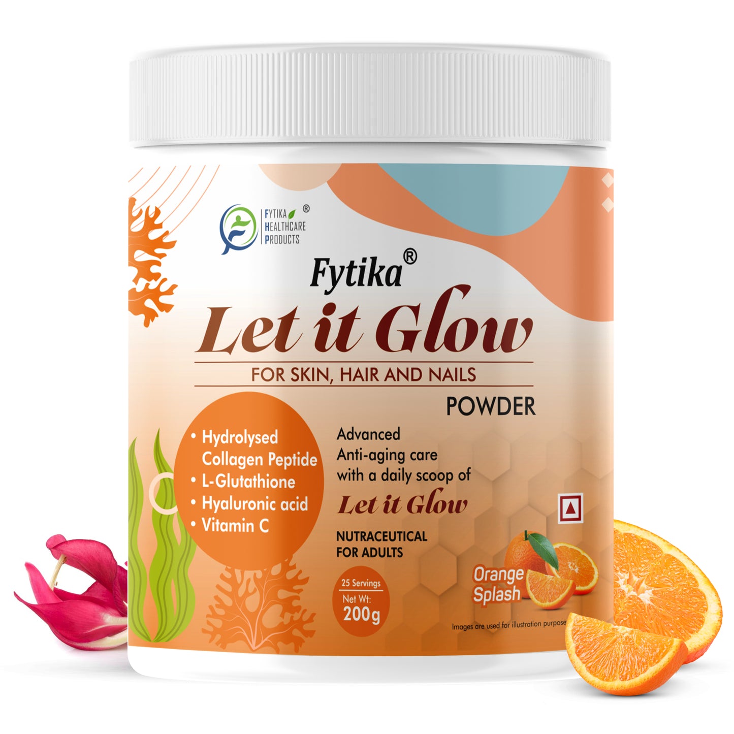 Fytika Let it Glow Collagen Powder - Boosts Skin Radiance, Hair Health, Nail Strength, For Men, Women - Orange Flavor - 200 G - Fytika Healthcare Products
