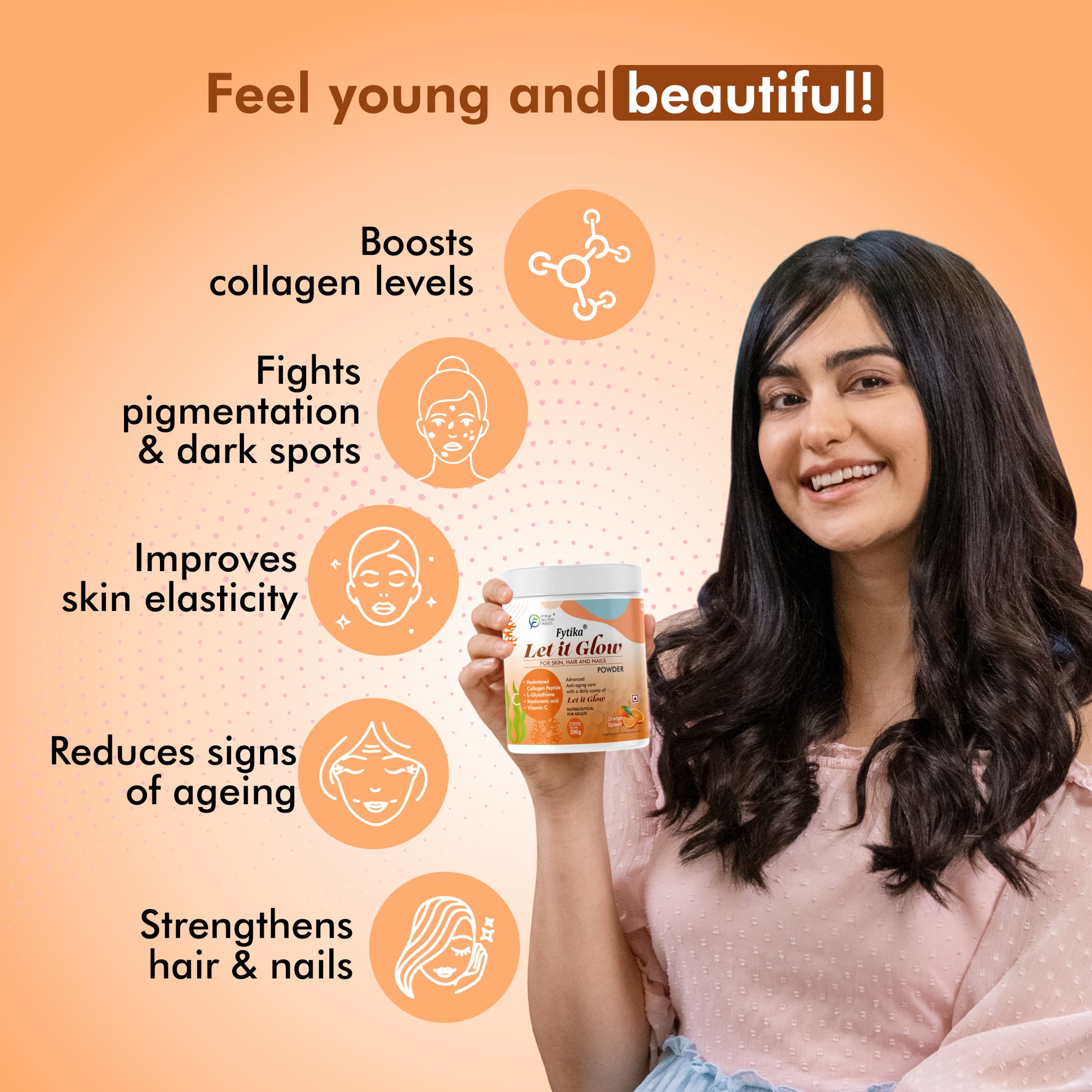 Fytika Let it Glow Collagen Powder - Boosts Skin Radiance, Hair Health, Nail Strength, For Men, Women - Orange Flavor - 200 G - Fytika Healthcare Products
