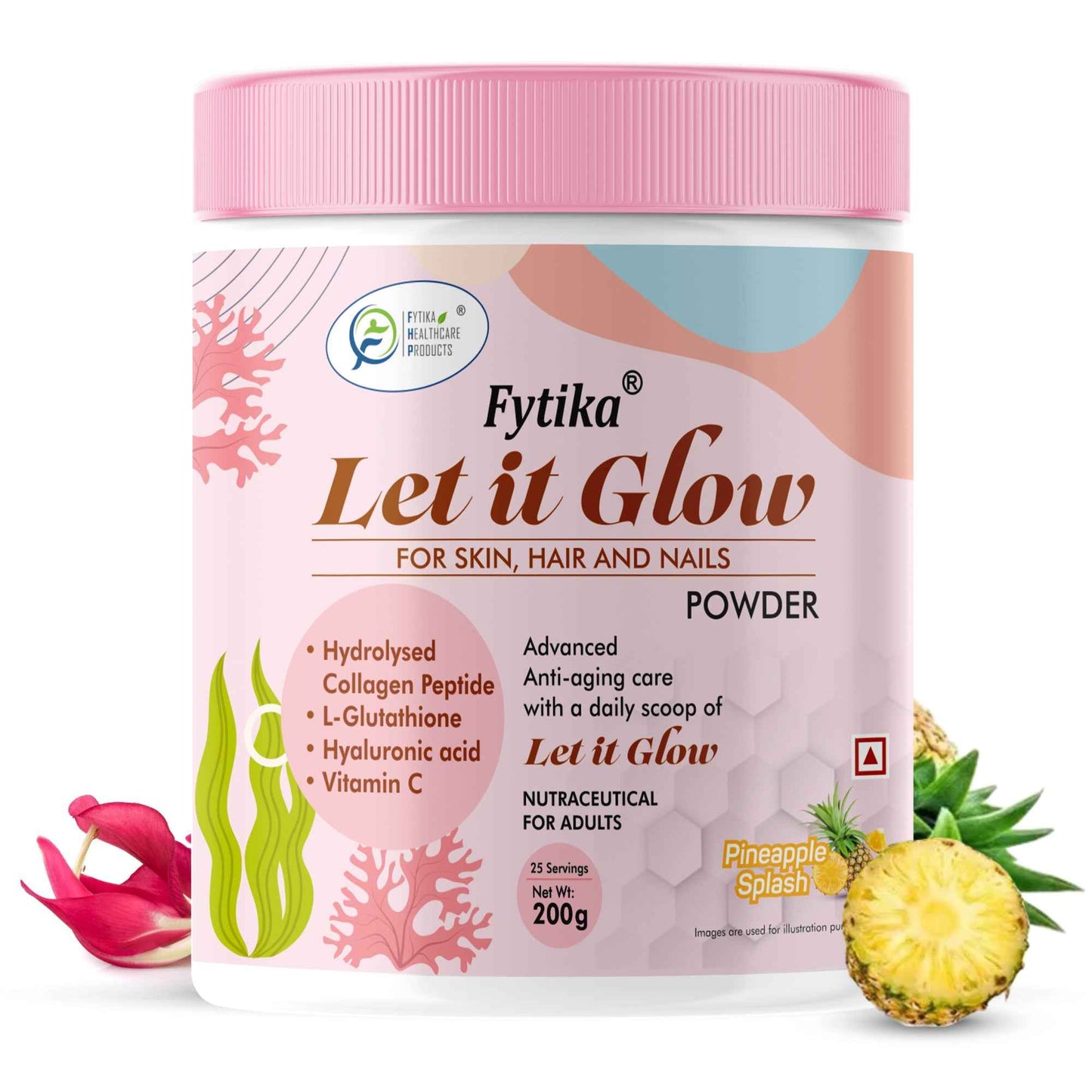 Fytika Let it Glow Collagen Powder - Boosts Skin Radiance, Hair Health, Nail Strength, For Men, Women - Pineapple Flavor - 200 G