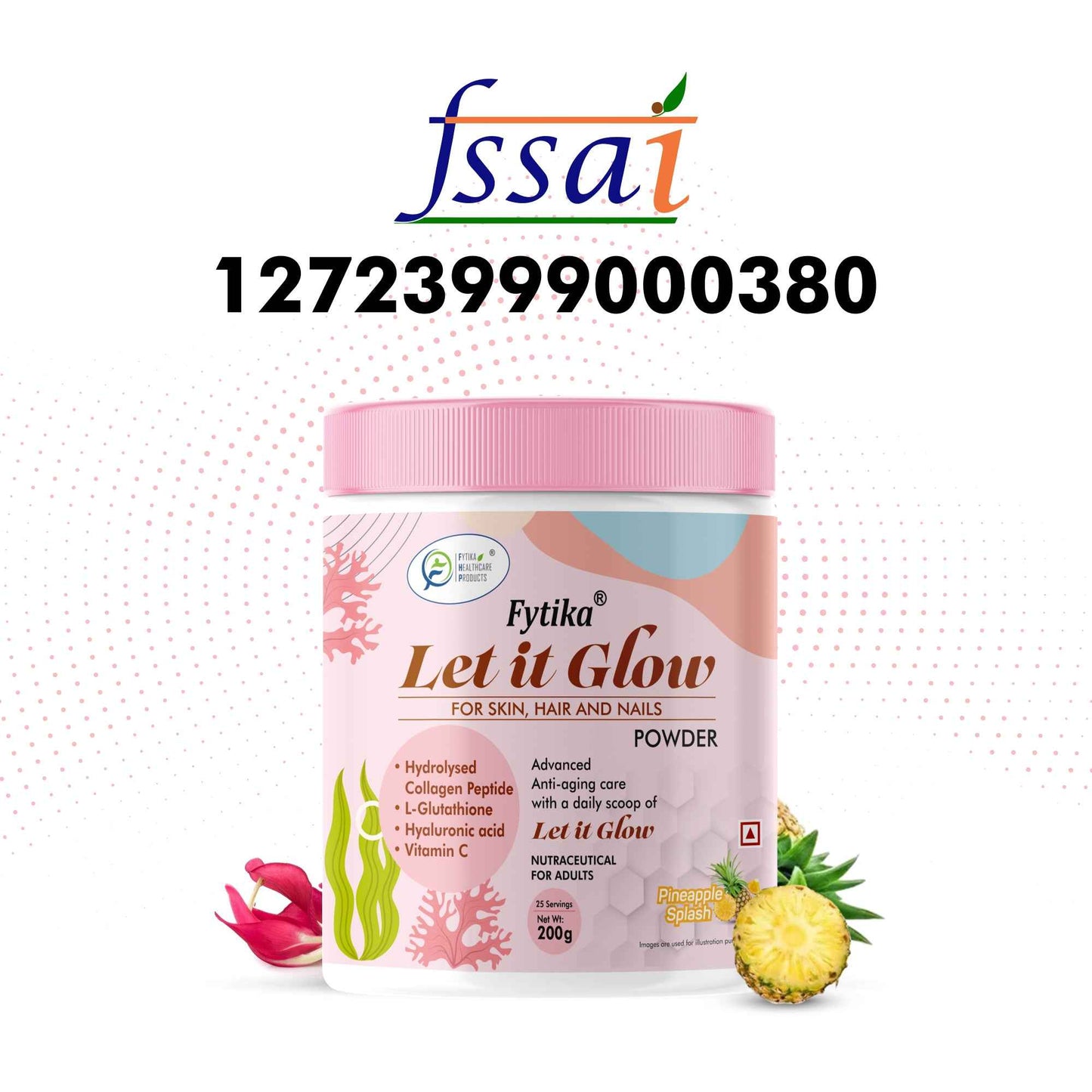 Fytika Let it Glow Collagen Powder - Boosts Skin Radiance, Hair Health, Nail Strength, For Men, Women - Pineapple Flavor - 200 G