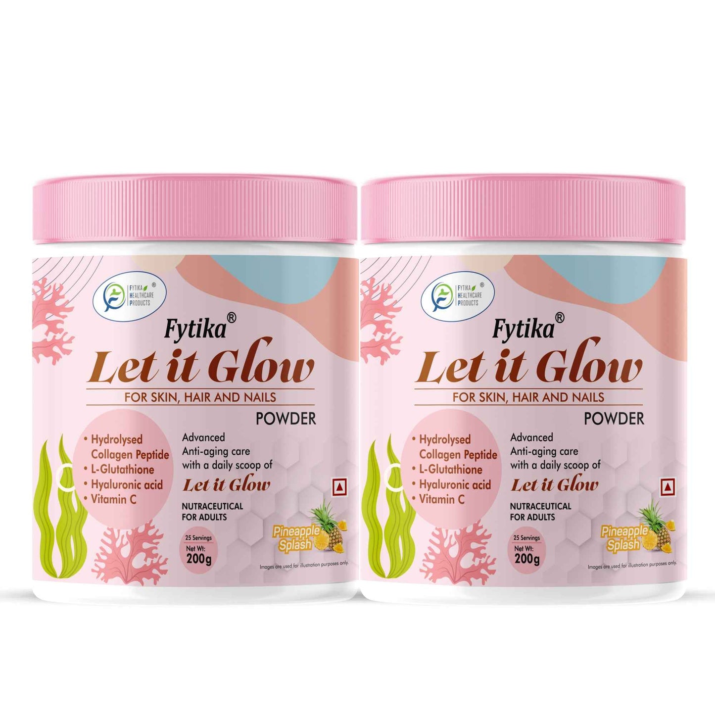 Fytika Let it Glow Collagen Powder - Boosts Skin Radiance, Hair Health, Nail Strength, For Men, Women - Pineapple Flavor - 200 G