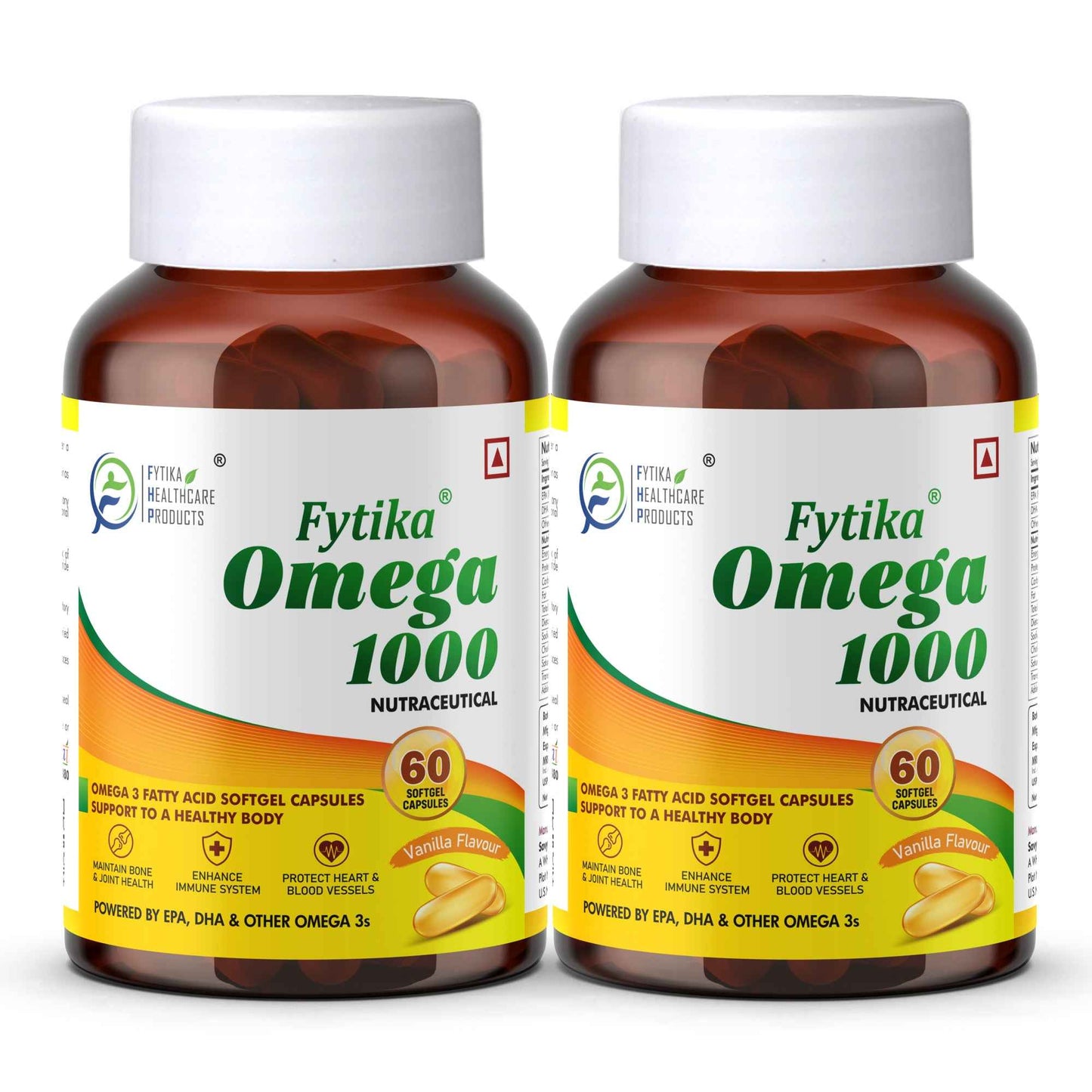 Fytika Omega 1000 | Heart, Brain, Joint, Muscle Support, EPA 360 MG + DHA 240 MG, Omega Fatty Acids 400 MG, For Men, Women - 60 Capsules