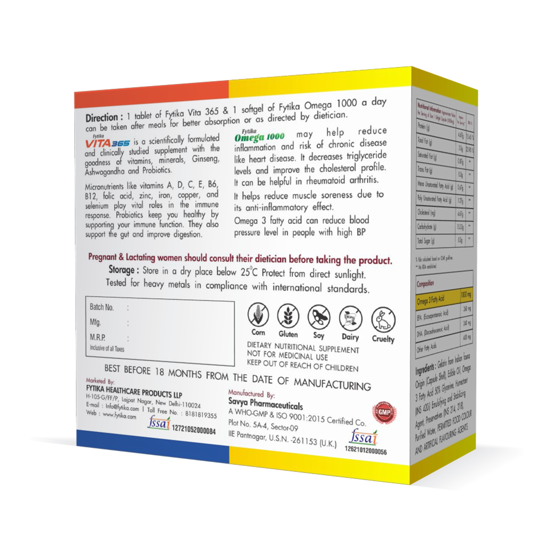 Fytika Vita 365 and Omega 1000 Combo Pack - Boosts Energy, Manages Stress, Brain, Joint, Muscle Support, Ashwagandha, Omega Fatty Acids 400 MG, For Men, Women - 30 Capsules, 30 Tablets - Fytika Healthcare Products