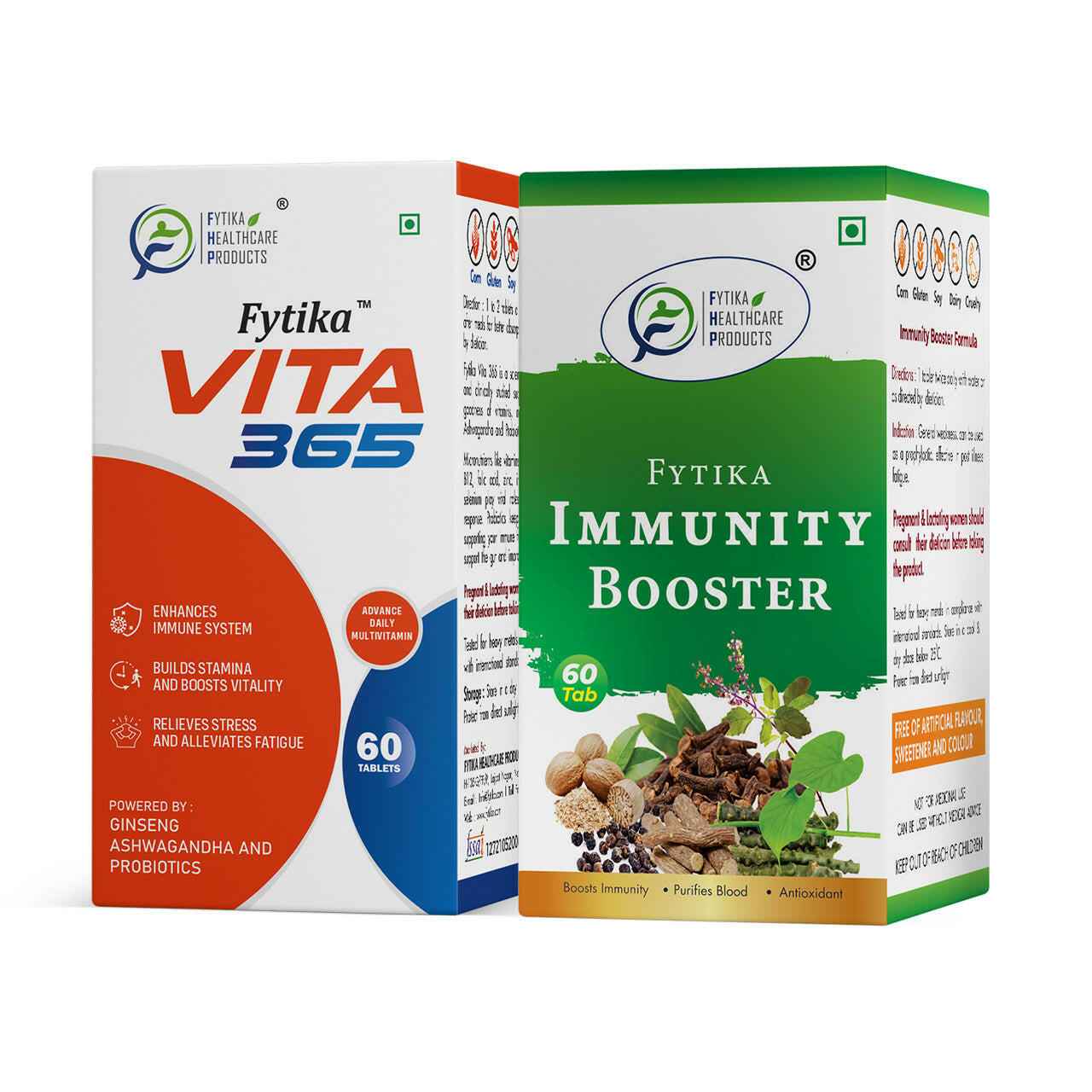 Fytika Vita 365 and Immunity Booster: Boosts Energy, Immunity, Manages Stress, For Men, Women - 60 Tablets Each