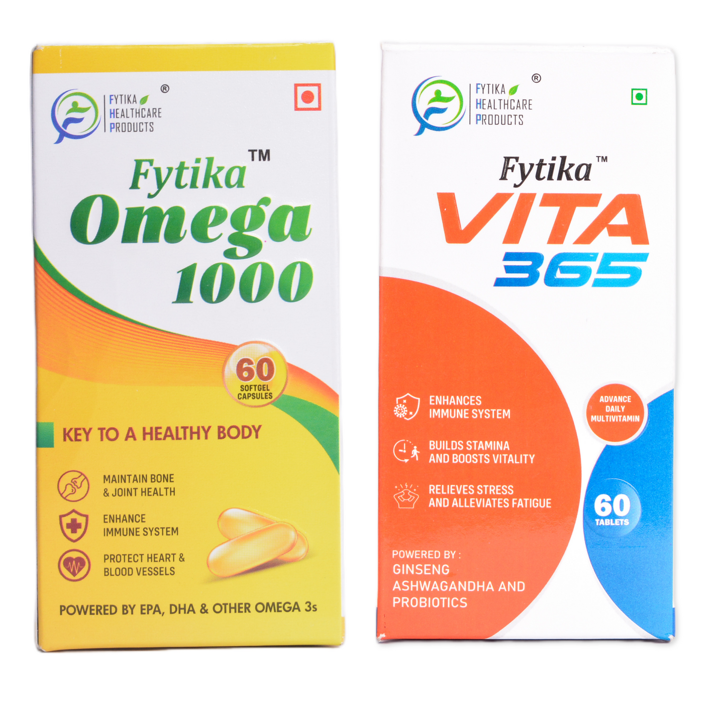 Fytika Omega 1000 and Vita 365: Energy Boost, Strengthen Body, For Men, Women - 60 Capsules, 60 Tablets