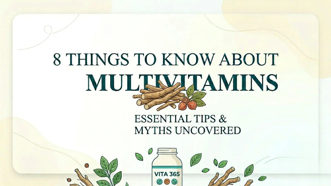 Illustration titled "8 Things to Know About Multivitamins: Essential Tips & Myths Uncovered" featuring multivitamin tablets, capsules, and green leaves on a light background.