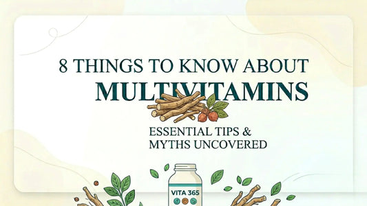 Illustration titled "8 Things to Know About Multivitamins: Essential Tips & Myths Uncovered" featuring multivitamin tablets, capsules, and green leaves on a light background.