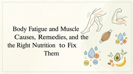 Illustration featuring the blog title "Body Fatigue and Muscle Cramps: Causes, Remedies, and the Right Nutrition to Fix Them" with health-themed icons representing muscles, nutrients, hydration, and wellness.