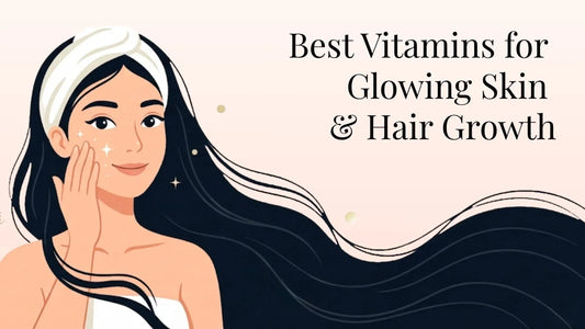 Illustration of a woman with long flowing hair beside the text ‘Best Vitamins for Glowing Skin & Hair Growth’ on a soft beige background.