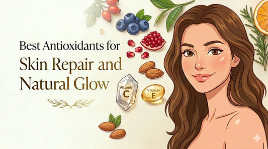 Illustrated image featuring a smiling brunette woman beside fruits, nuts, and skincare ingredients, with the text “Best Antioxidants for Skin Repair and Natural Glow