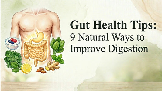 Gut health tips illustration showing the digestive system and healthy foods with text about 9 natural ways to improve digestion.